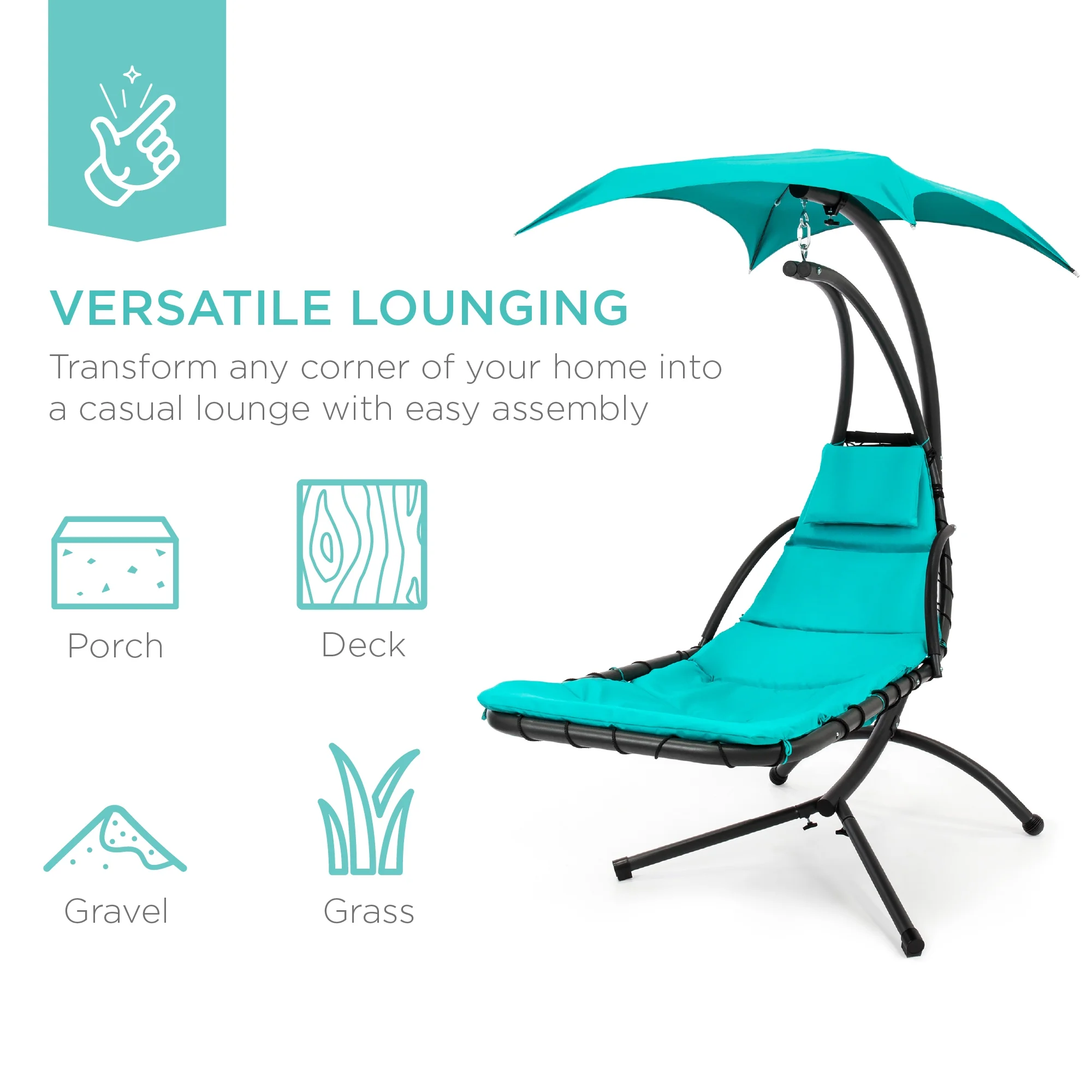 Best Choice Products Hanging Curved Chaise Lounge Chair Swing for Backyard, Patio w/ Pillow, Shade, Stand - Teal - Image 10