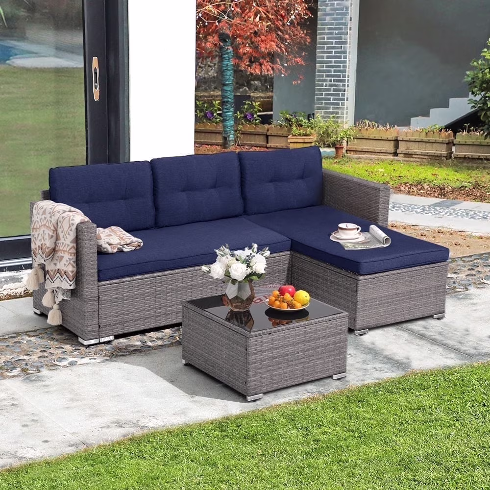 JOIVI 3 Pieces Patio Conversation Set, PE Wicker Rattan Outdoor Furniture Set, 2 Ways Small Sectional Sofa, Tempered Glass Coffee Table, Silver-Gray - Image 5