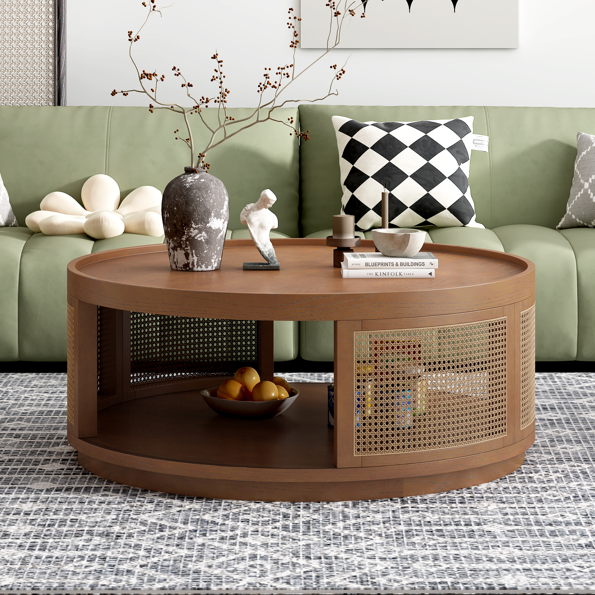 Harper & Bright Designs Rattan Round Coffee Table with Storage Shelf, Round Cane Wood Center Table for Living Room, 37'' Brown - Image 4