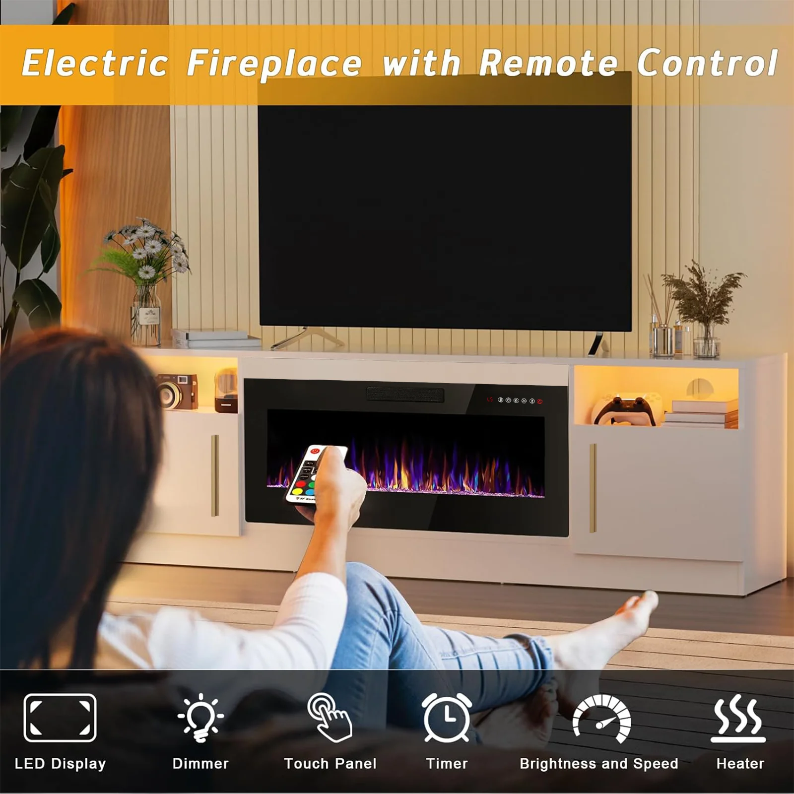 Waleaf Fireplace TV Stand with 36" Electric Fireplace Up to 80" TVs, Modern Wood Media TV Console with Highlight Cabinet, White - Image 6