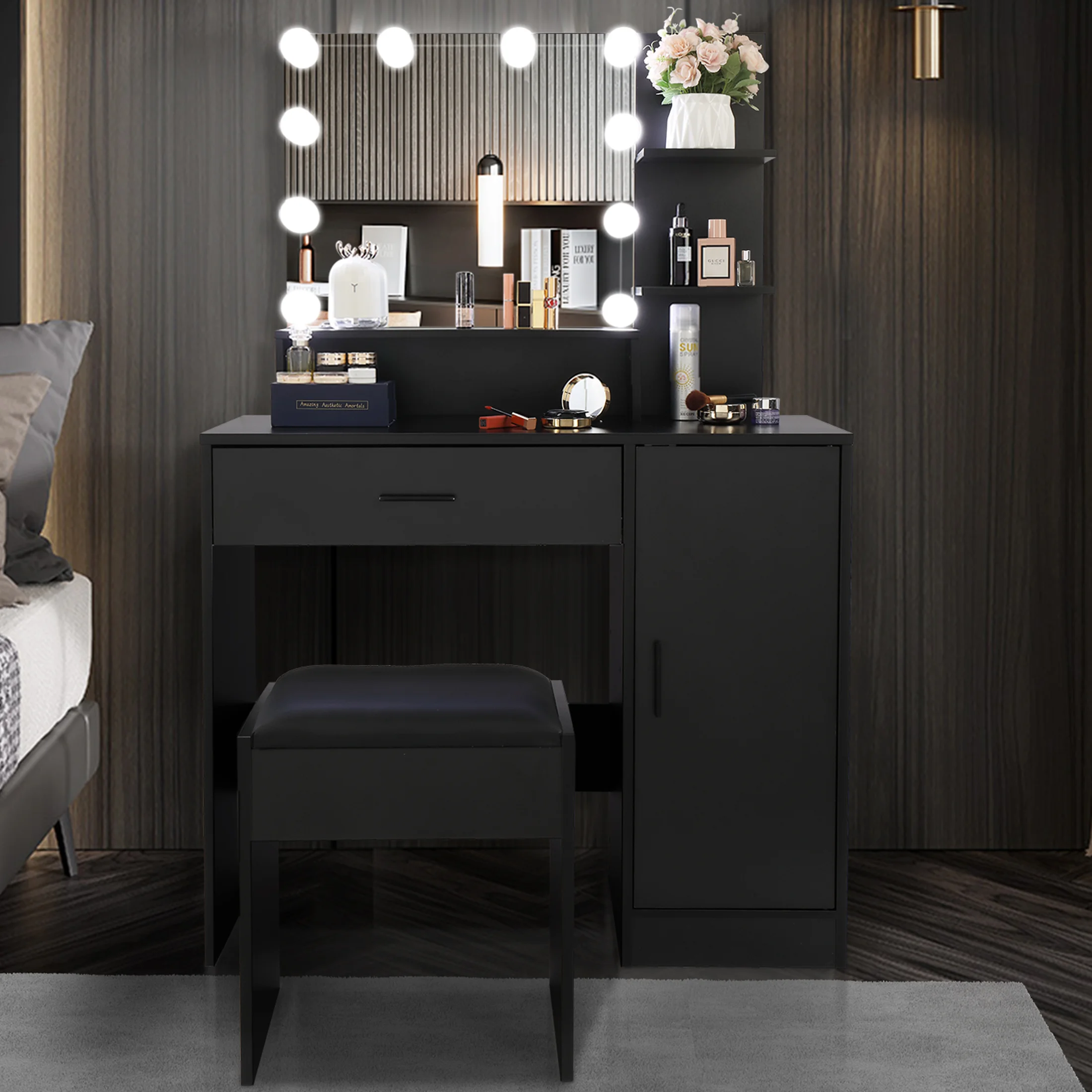 Sesslife Makeup Vanity Set with Bulbs Mirror, Dressing Table with Large Drawer, Vanity Table for Girls, Women, Black