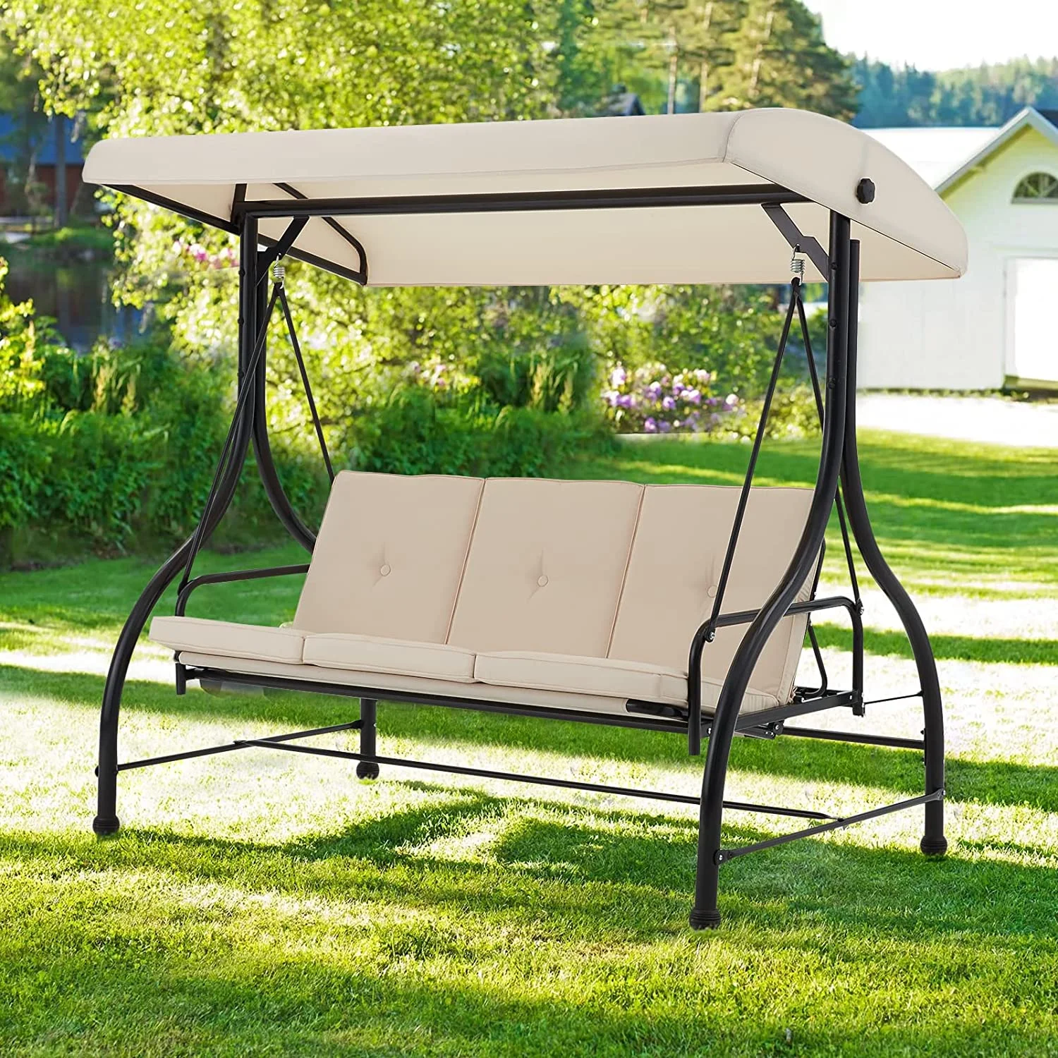 AECOJOY 3 Person Canopy Steel Porch Swing, Converting Swing Glider Hammock-Beige - Image 2