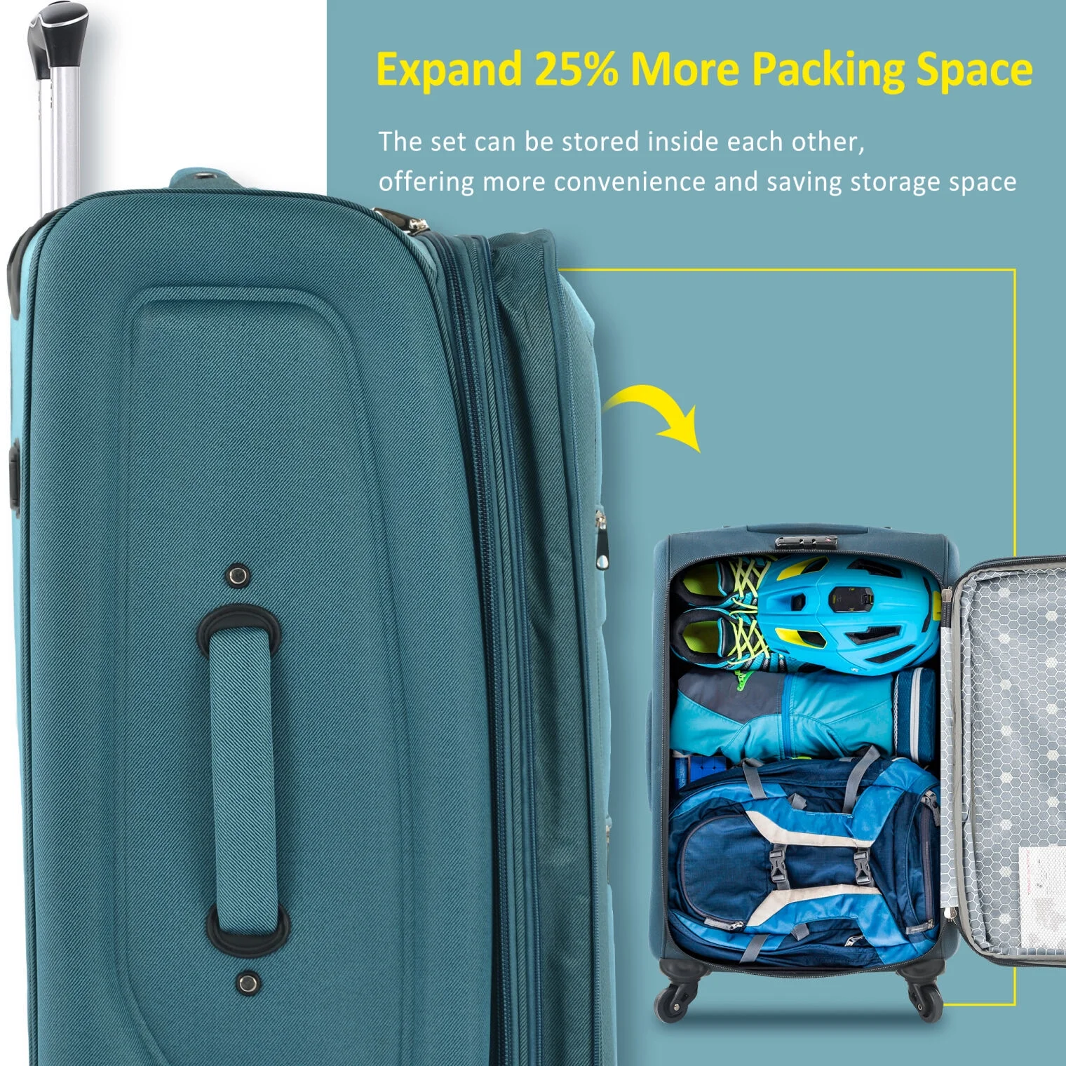 Expandable Softside Luggage Sets 3 Piece,Upright Spinner Suitcases with Wheels,Lightweight Carry on Luggage Travel Set,Green