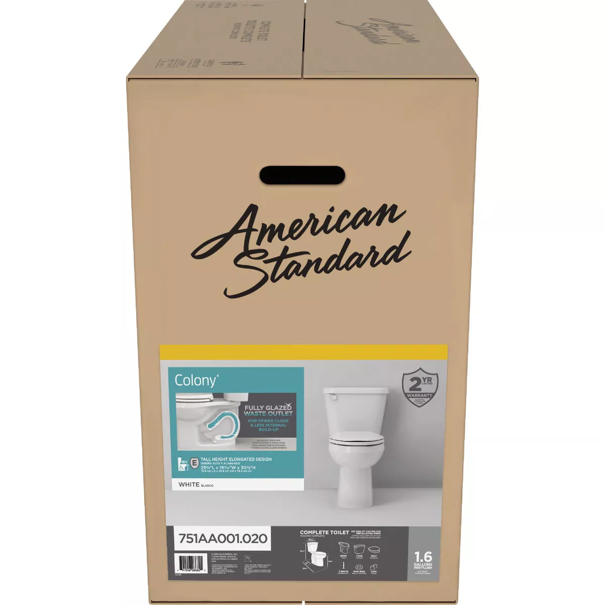 American Standard Colony3 Chair Height White Elongated Bowl 1.6 GPF Toilet