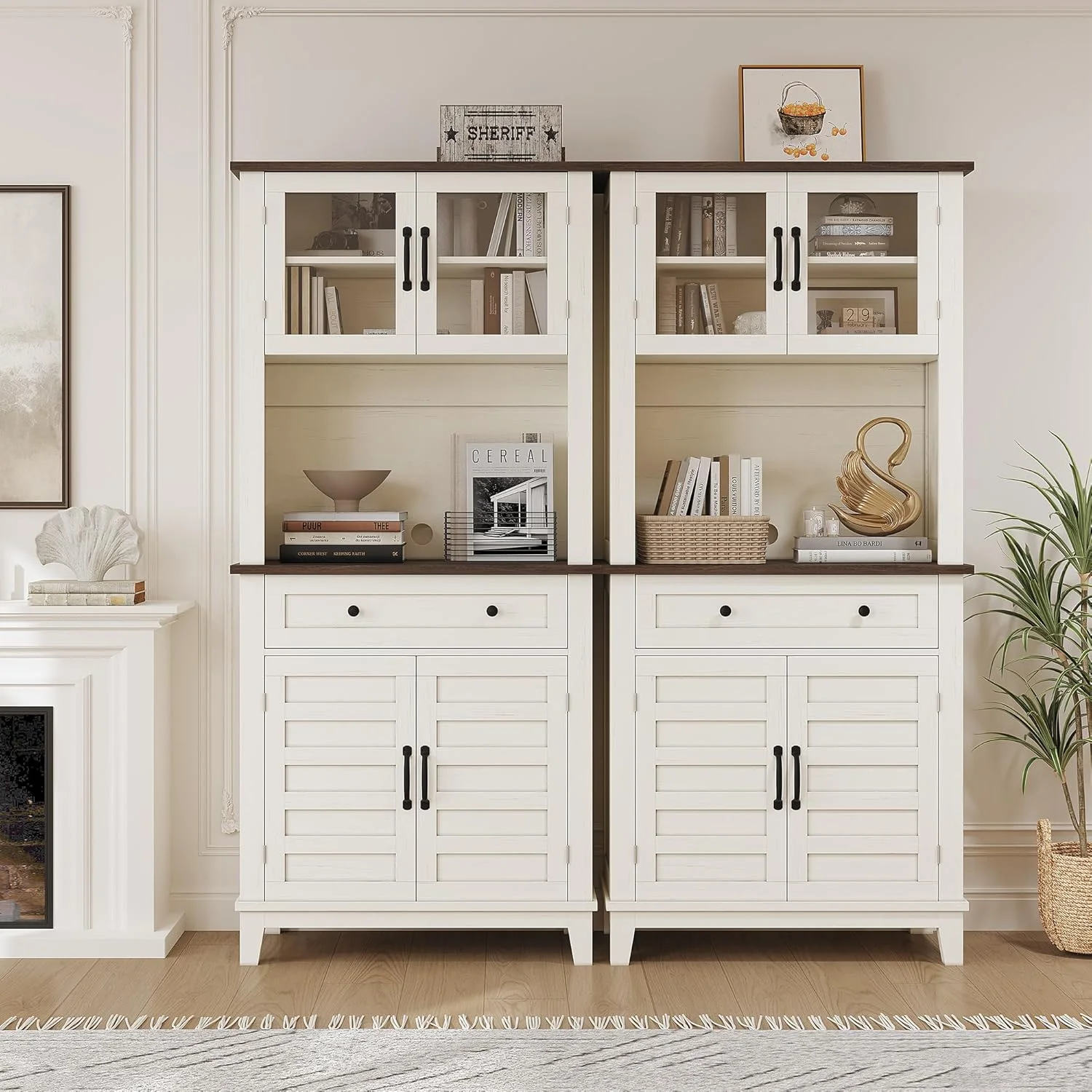 72" White Farmhouse Coffee Bar Cabinet with Storage Drawers & Glass Doors - Kitchen Storage Buffet for Dining Room, Beverage Organizer - Image 7