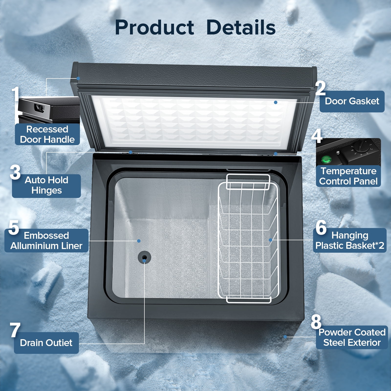 Auseo Mini Freezer Chest 3.5 cu ft, Black Deep Freezer & Side Handle, Compact Freezer with 7 Gear Adjustable Temperature, Removable Storage Basket*2, Energy Saving - Image 2