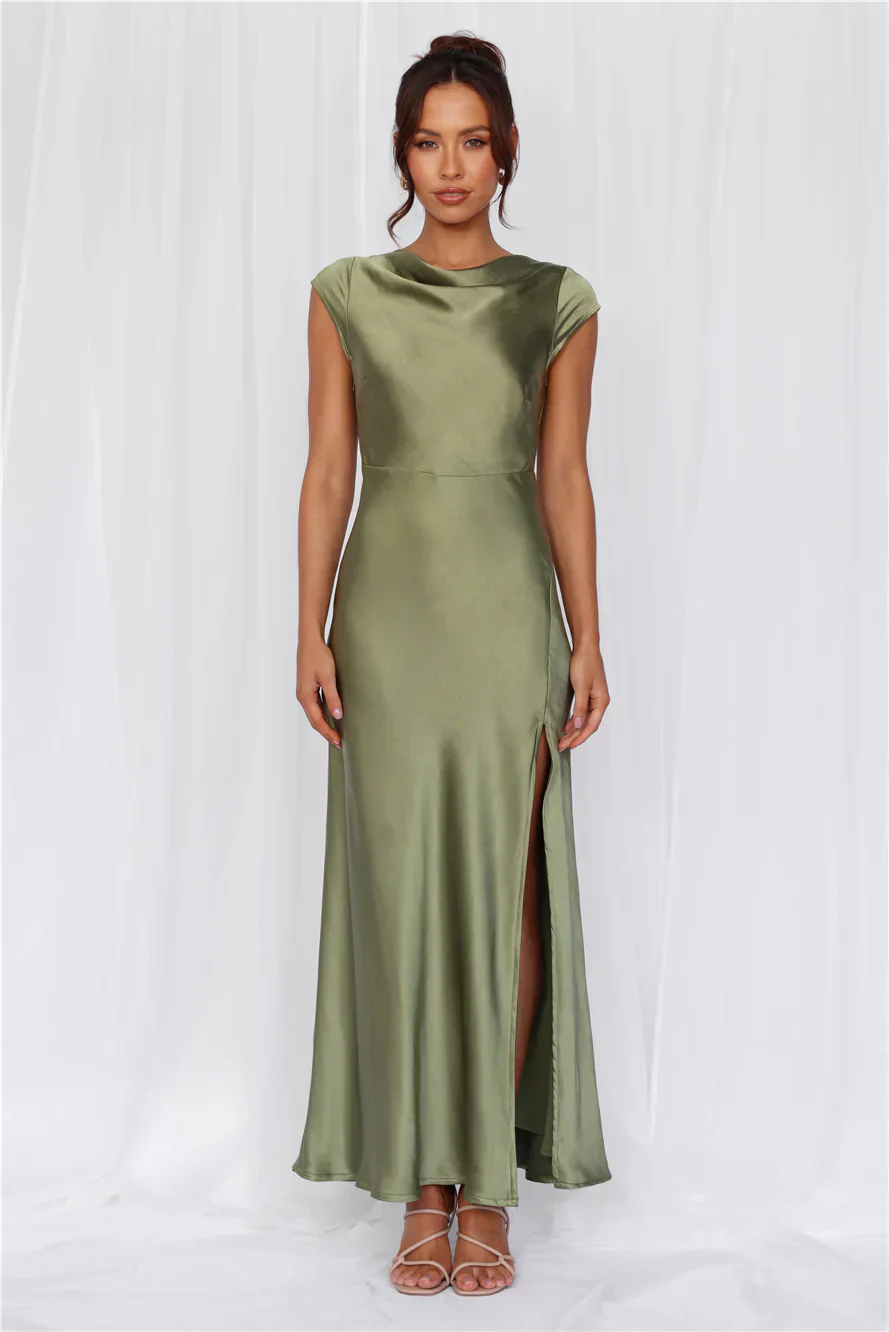 Beacnlady The Valentina Cap Sleeve Satin Maxi Dress Olive
