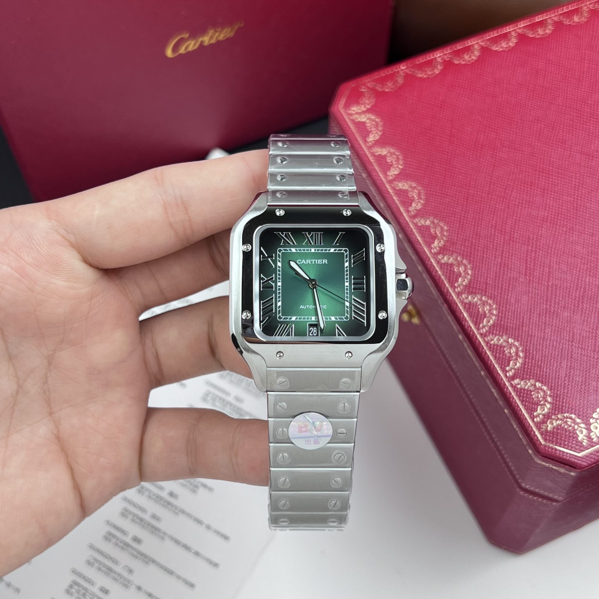 Cartier Replica Watch Santos De Cartier Green Dial BV Factory 39.8mm - Elite Watch Atelier
