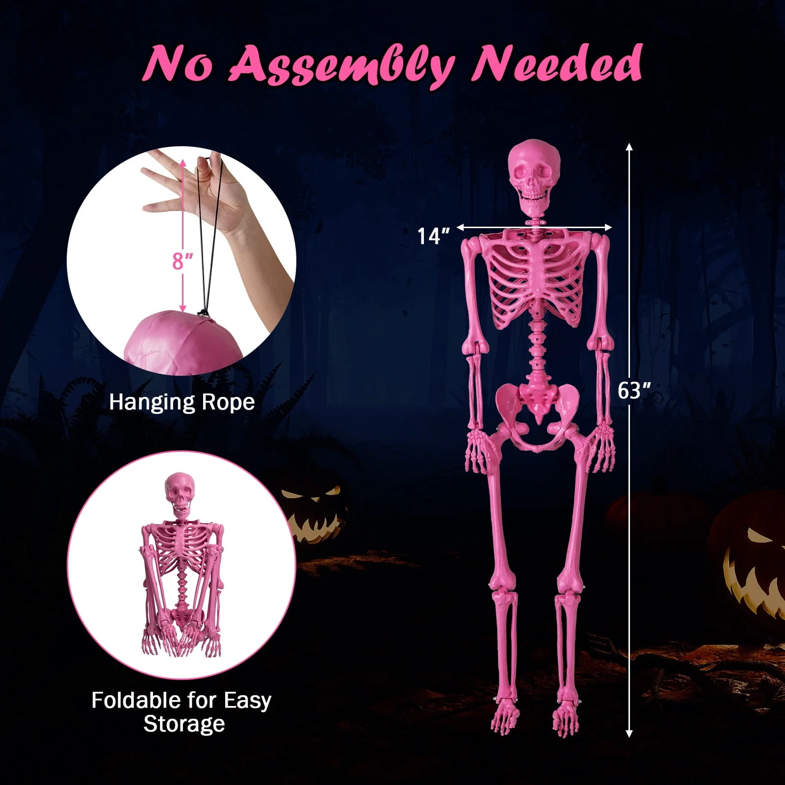 Costway 5.5 FT Poseable Halloween Skeleton Life-Size Decoration with Movable Joints Pink - Image 4 Costway 5.5 FT Poseable Halloween Skeleton Life-Size Decoration with Movable Joints Pink - Image 4