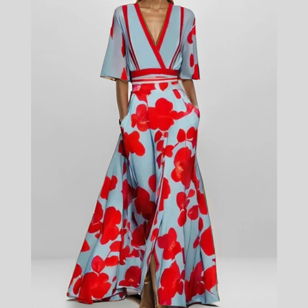 Floral Print Half Sleeve Maxi Dress with Pockets - ZKZOOK