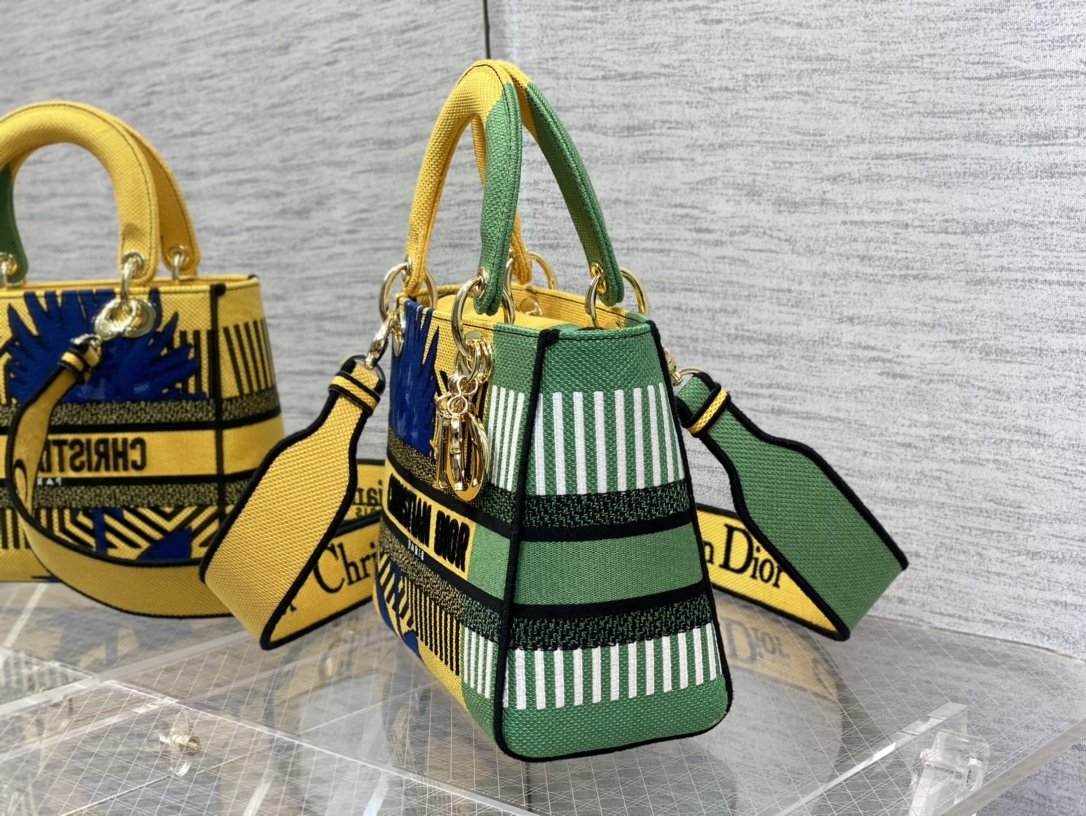 Christian Dior Medium Lady D-Lite Bag D-Flower Pop Embroidery, Bright Yellow/Green, For Women Women’s Handbags, 24cm CD M0565OROO_M8861:1High-quality replica