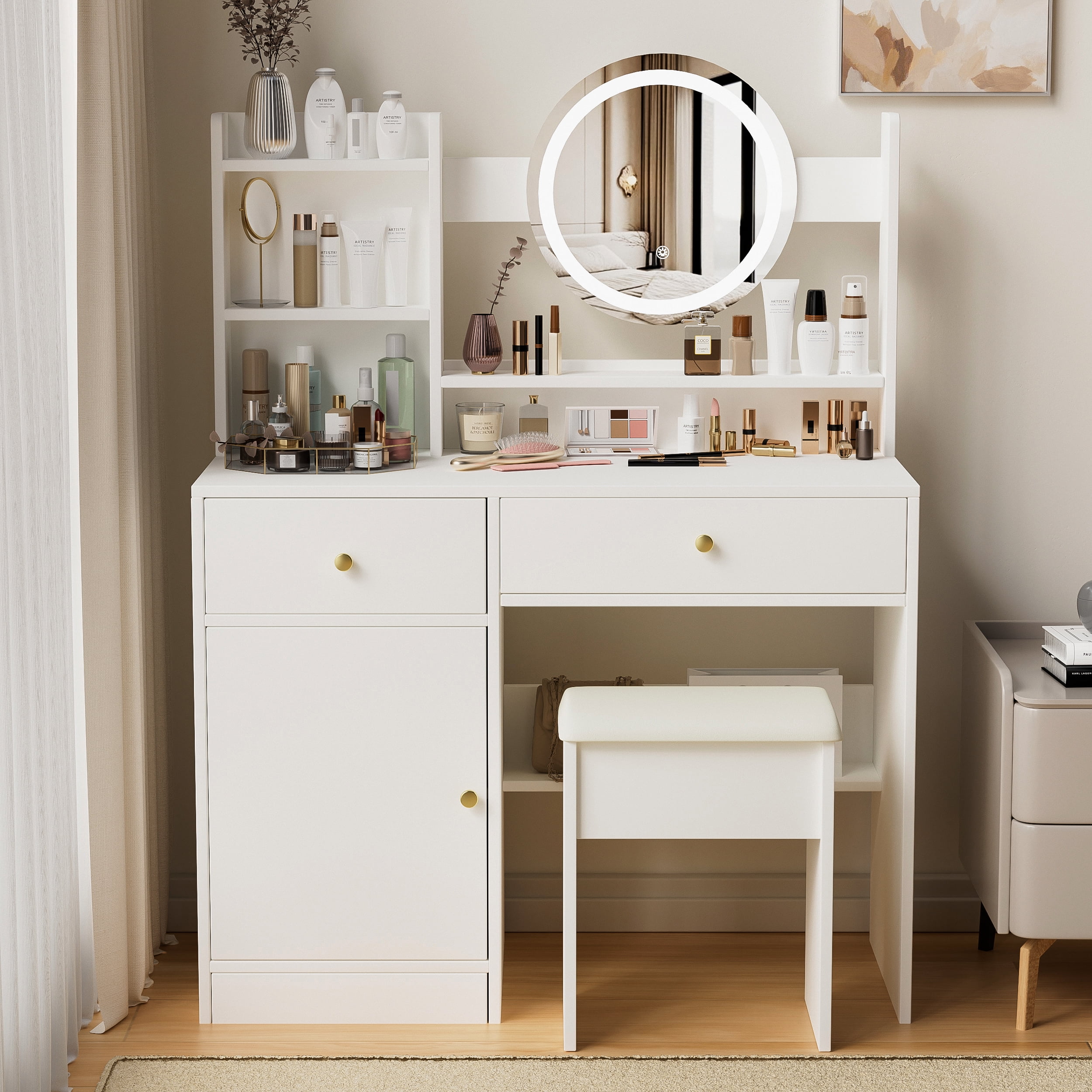 Montary Modern Mini Vanity w/Adjustable LED Mirror + Hidden Storage, Padded Stool & Dustproof Shelves (White) - Image 111