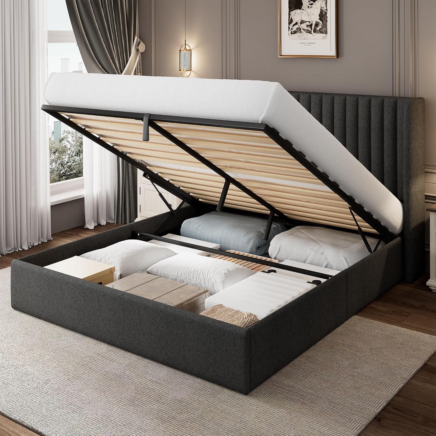 Queen Size Lift Up Storage Bed Frame with Wingback Headboard, Linen Upholstered Platform Bed with 10.8