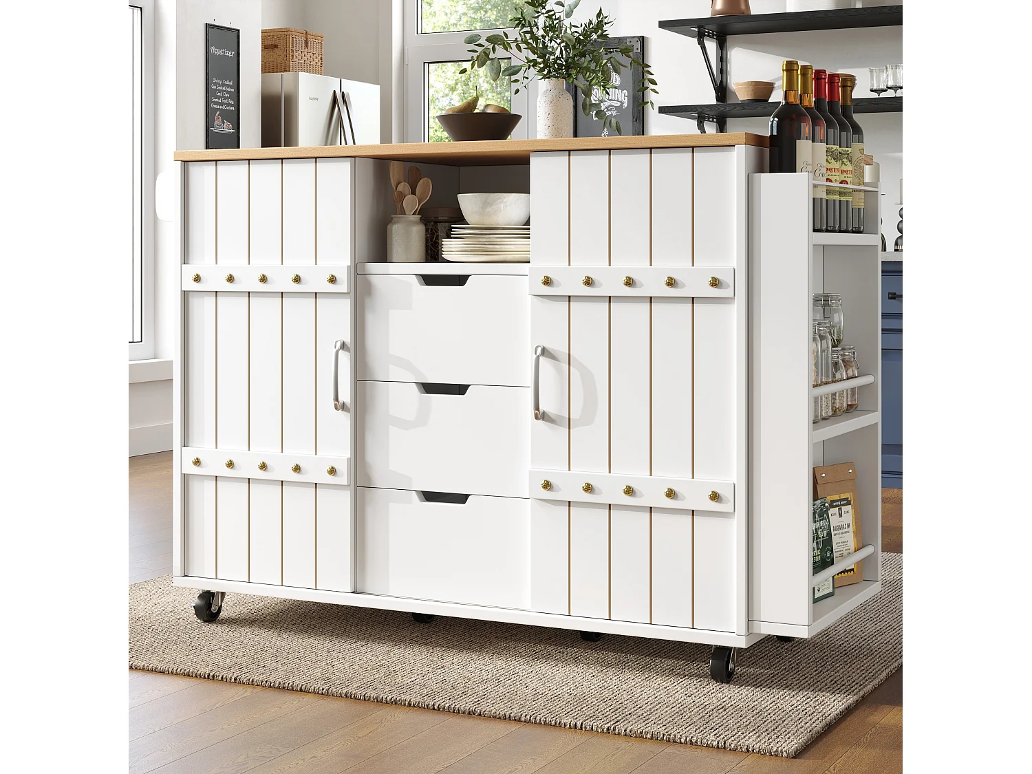 Desserte de cuisine mobile - Îlot de cuisine blanc avec porte coulissante et roulettes - plan de travail pliable - 3 tiroirs