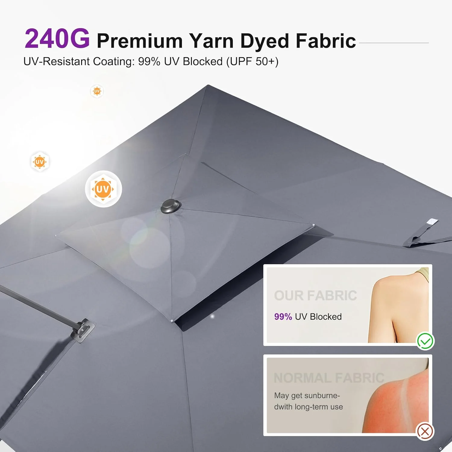 PURPLE LEAF Cantilever Patio Umbrella, 10FT Square, Grey - 360 Degree Rotation - Image 2 PURPLE LEAF Cantilever Patio Umbrella, 10FT Square, Grey - 360 Degree Rotation - Image 2