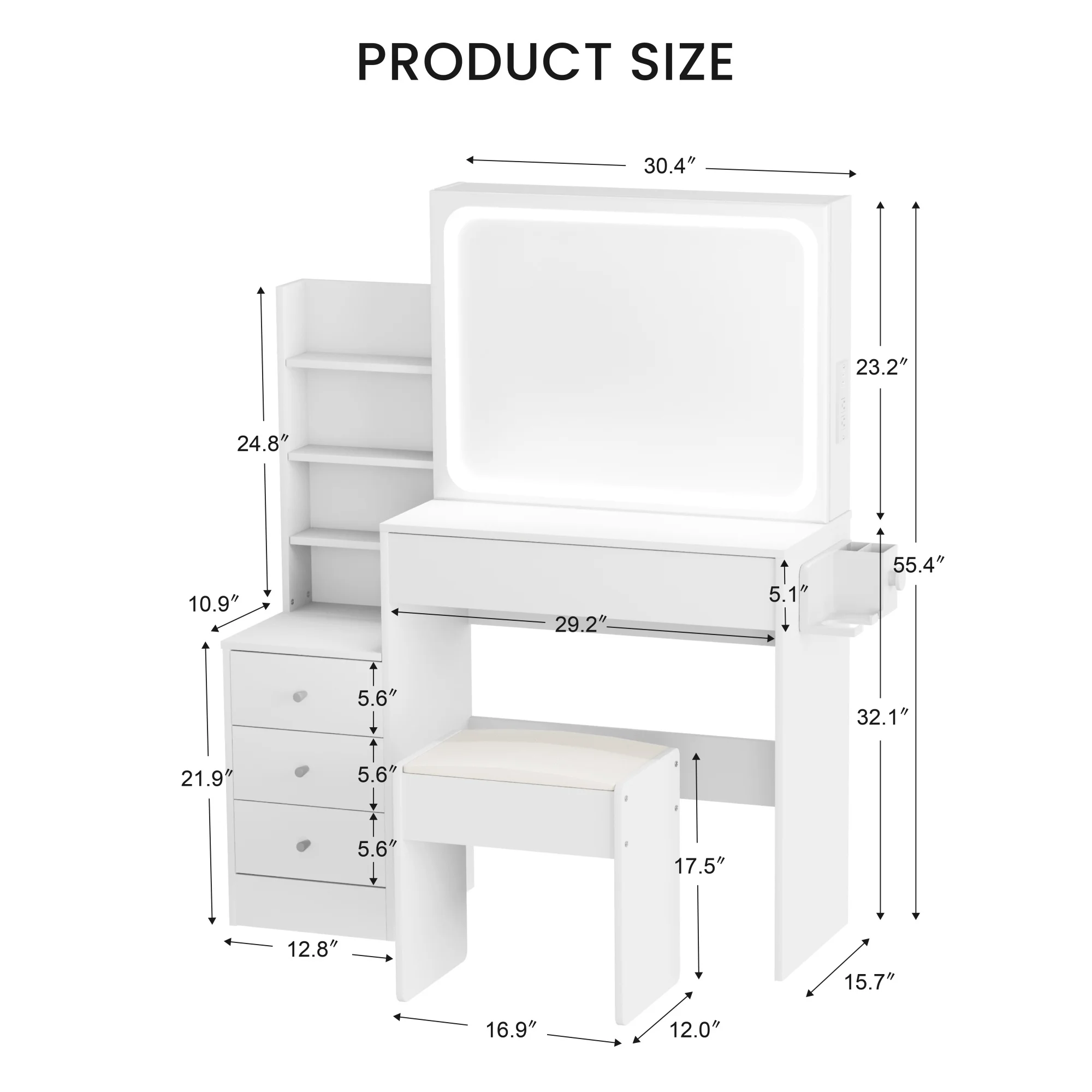 Alvantor Makeup Vanity Desk with Mirror & Lights, Dressing Table with Power Outlet and Hairdryer Shelving Vanity Set with Upholstered Stool White