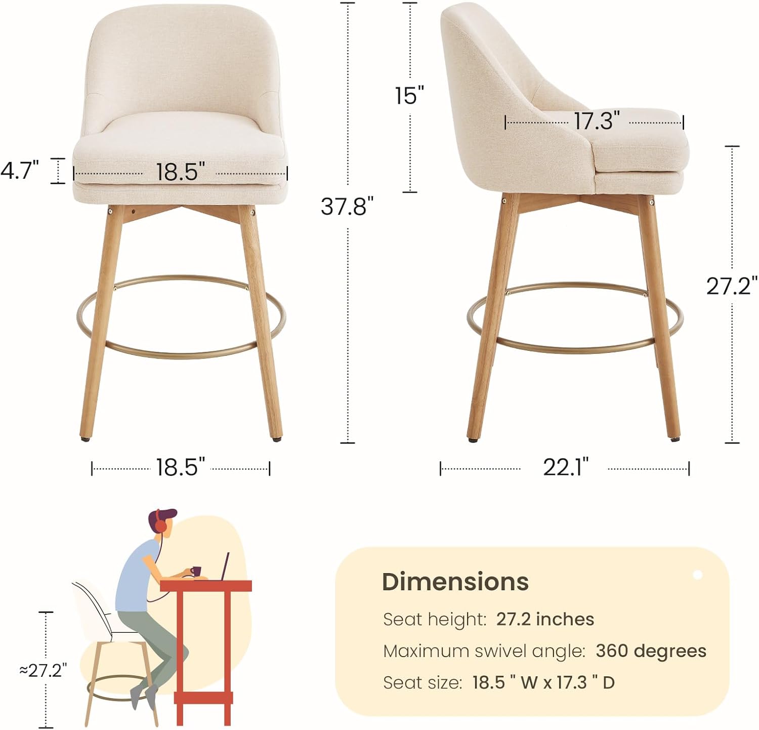 Modern Bar Stools Set of 2,Swivel Counter Height Bar Stools with Soft Upholstered Back,Thick Seat,Wooden Legs, 27