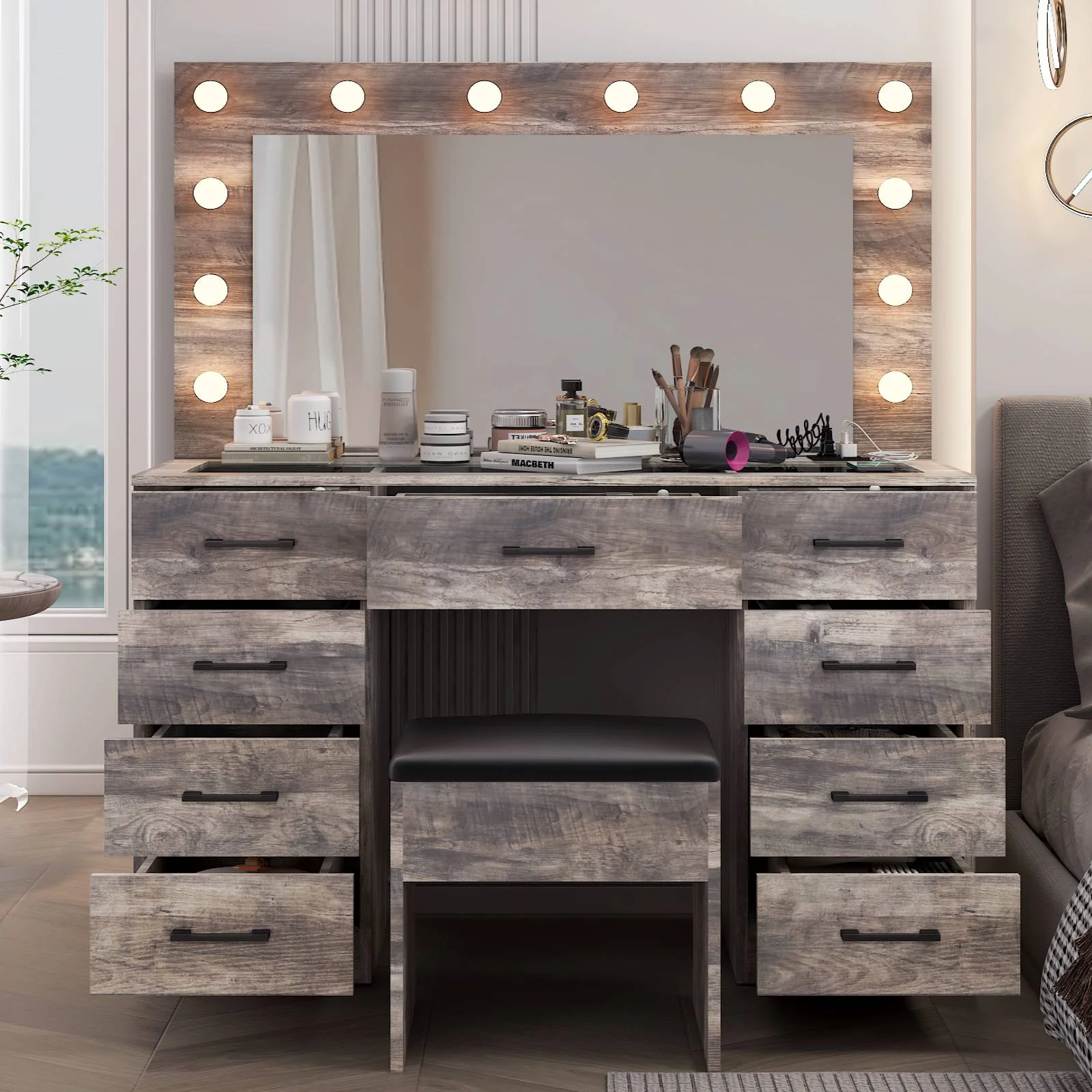 Ktaxon Large Makeup Vanity, Vanity Table Set w/ Visible Glass Top w/ Charging Station, White - Image 99