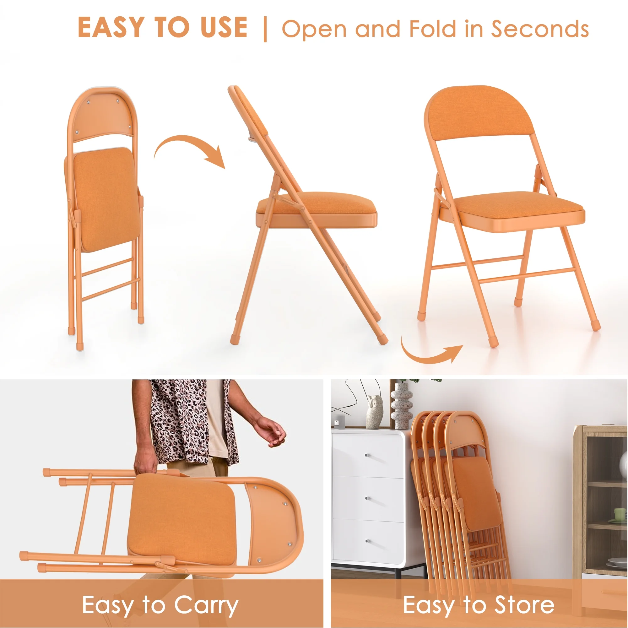 VECELO Set of 4 Folding Chairs, Fabric Dining Chair Set with Padded Cushion and Back, Indoor Outdoor Upholstered Seat with Metal Frame for Home Office Events Wedding Party, Orange - Image 9