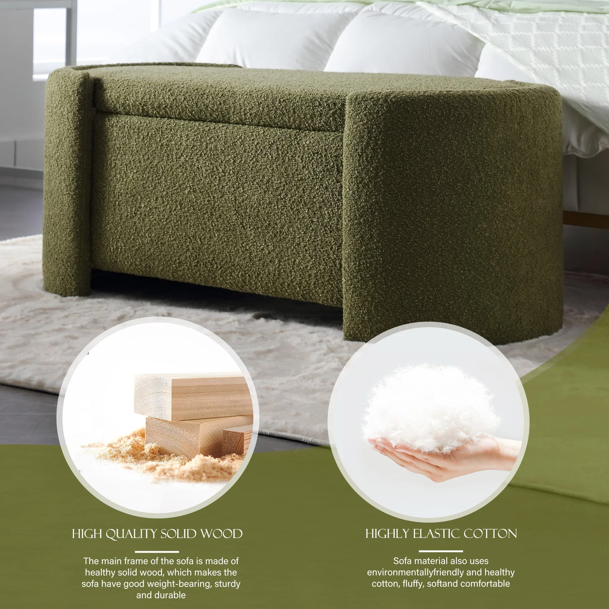 KINFFICT 43.3" Velvet End of Bed Bench for Bedroom, Upholstered Storage Ottoman Bench Entryway Bench with Storage for Living Room Bedroom, Green - Image 9