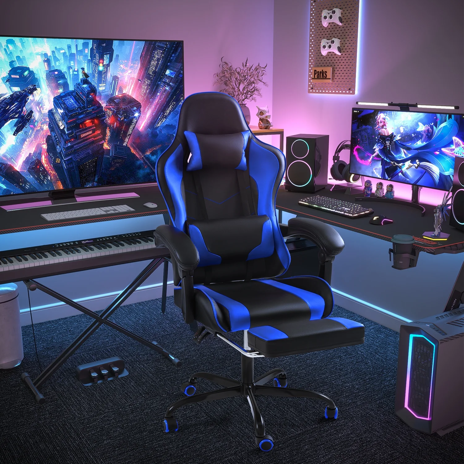Lacoo PU Leather Gaming Chair Massage Ergonomic Gamer Chair Height Adjustable Computer Chair with Footrest & Lumbar Support, White - Image 24