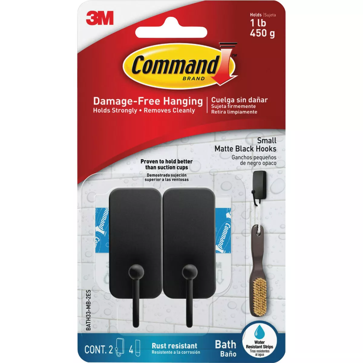 Command Small Bath Hook, Matte Black, 2 Hooks, 4 Strips