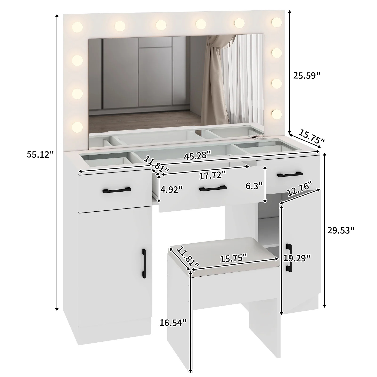 Ktaxon Large Makeup Vanity, Vanity Table Set w/ Visible Glass Top w/ Charging Station, White - Image 88