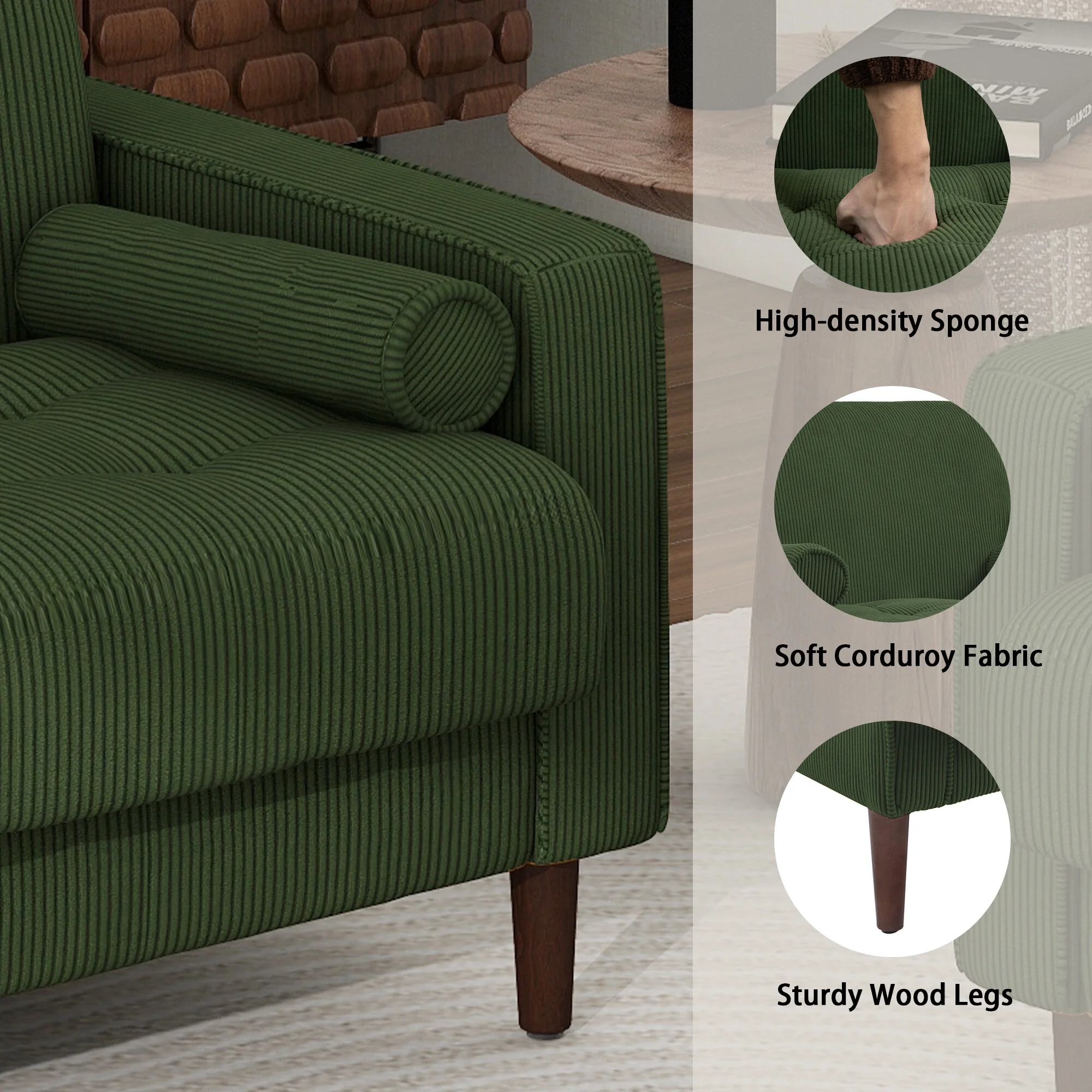 UIXE Corduroy Accent Chair Modern Upholstered Arm Chairs Comfy Reading Armchair with Pillow Armrest Tufted Living Room Single Sofa Lounge Seat, Yellow - Image 16