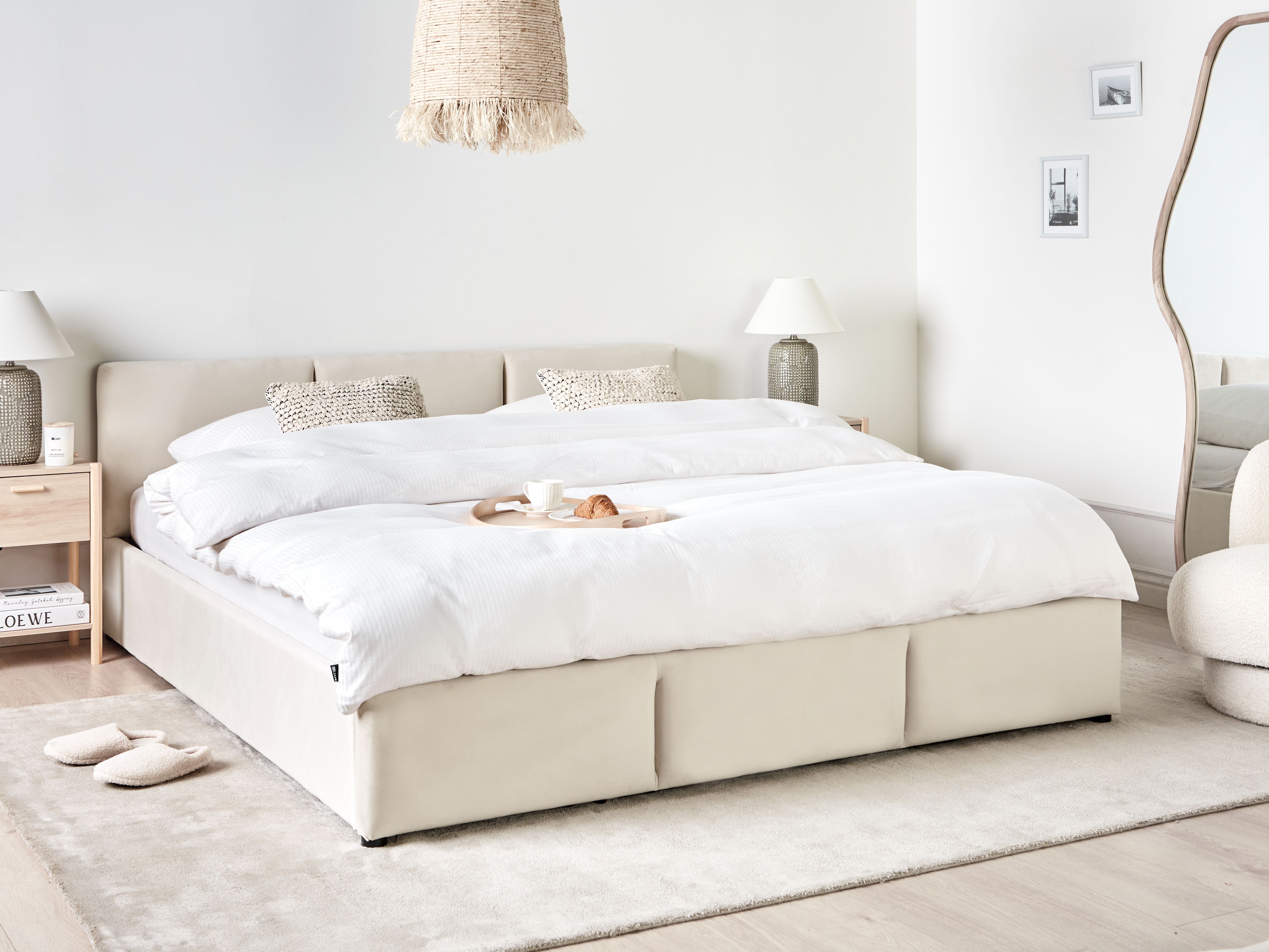 Ottoman Bed Velvet BOUSSE 180 x 200 cm (EU Super King) Light Beige