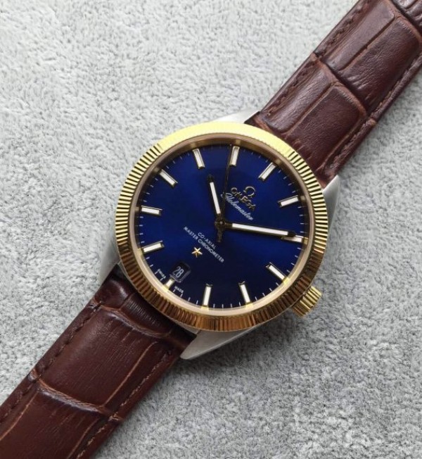 Replica Omega Globemaster Master Chronometer Blue Dial Brown Leather Strap A8913 - Elite Watch Atelier