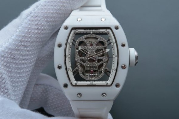 Replica Richard Mille RM052 White Ceramic Diamonds Skull Dial White Rubber Strap MIYOTA8215 - Top club