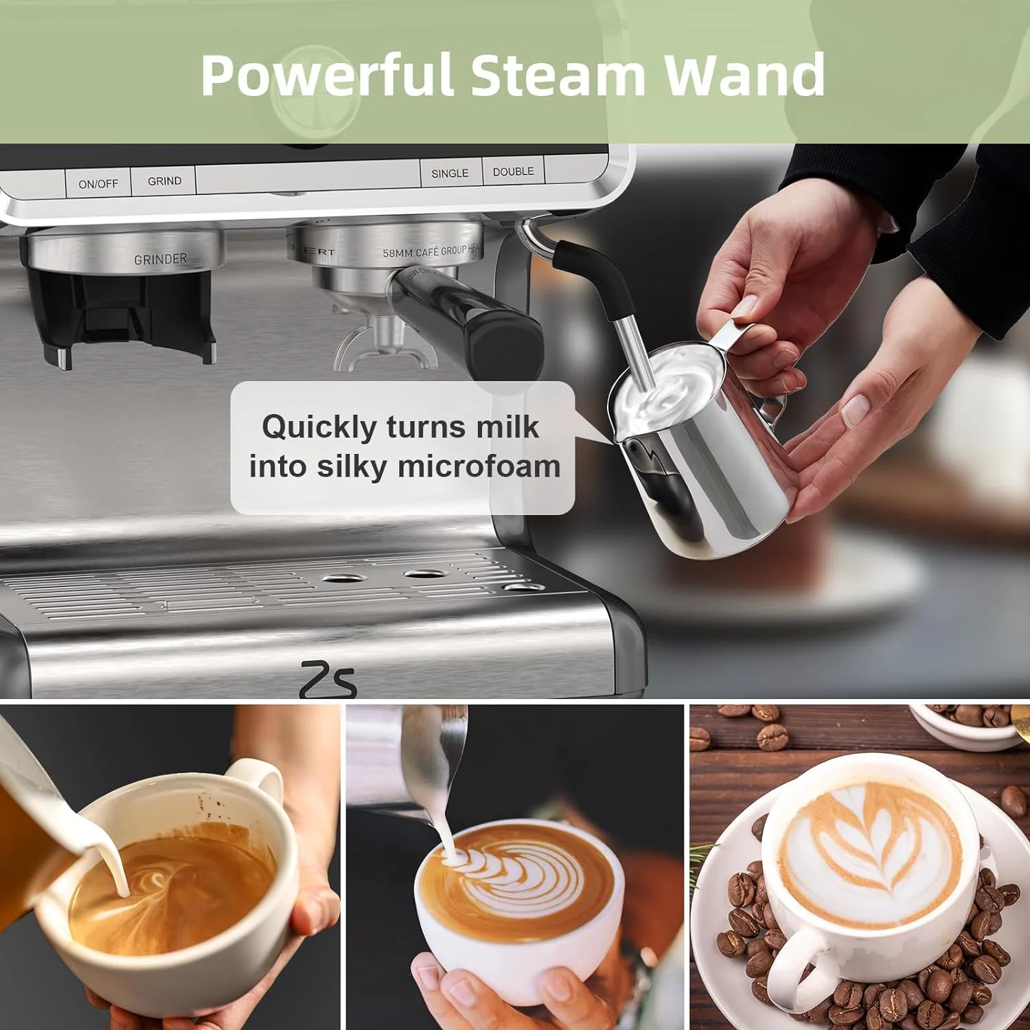 Espresso Coffee Machine with Grinder, 20 Bar Semi-Automatic Espresso Maker with Milk Frother Steamer Wand for Cappuccino, Latte, Macchiato, 2.8 L Water Tank, PID Temperature Control, Silver