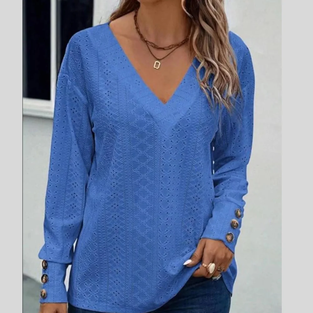Eyelet V-Neck Long Sleeve Blouse - ZKZOOK