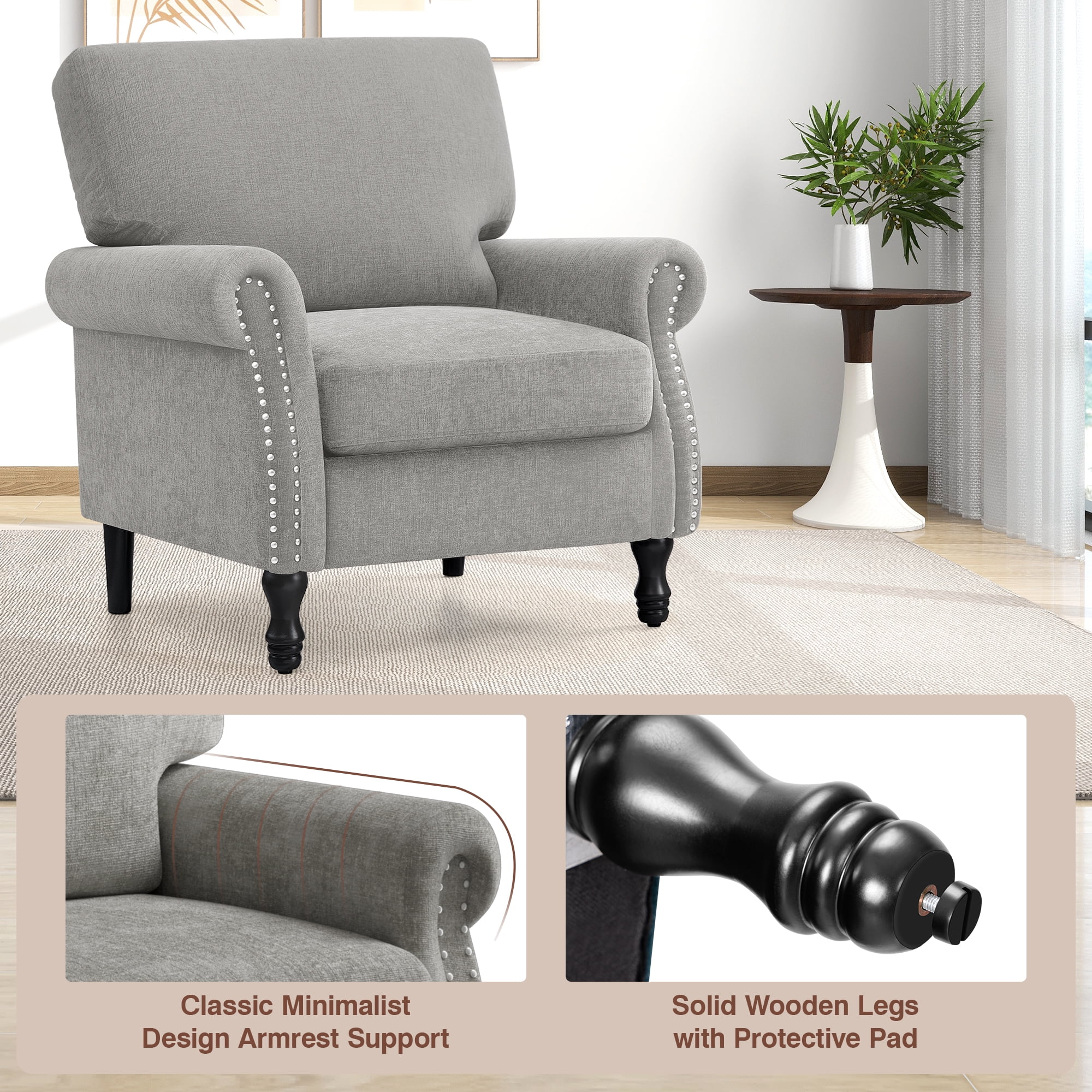 COOLHUT Modern Accent Chair Armchair, Linen Fabric Upholstered Comfy Single Sofa with Solid Wood Frame for Living Room, Gray - Image 10