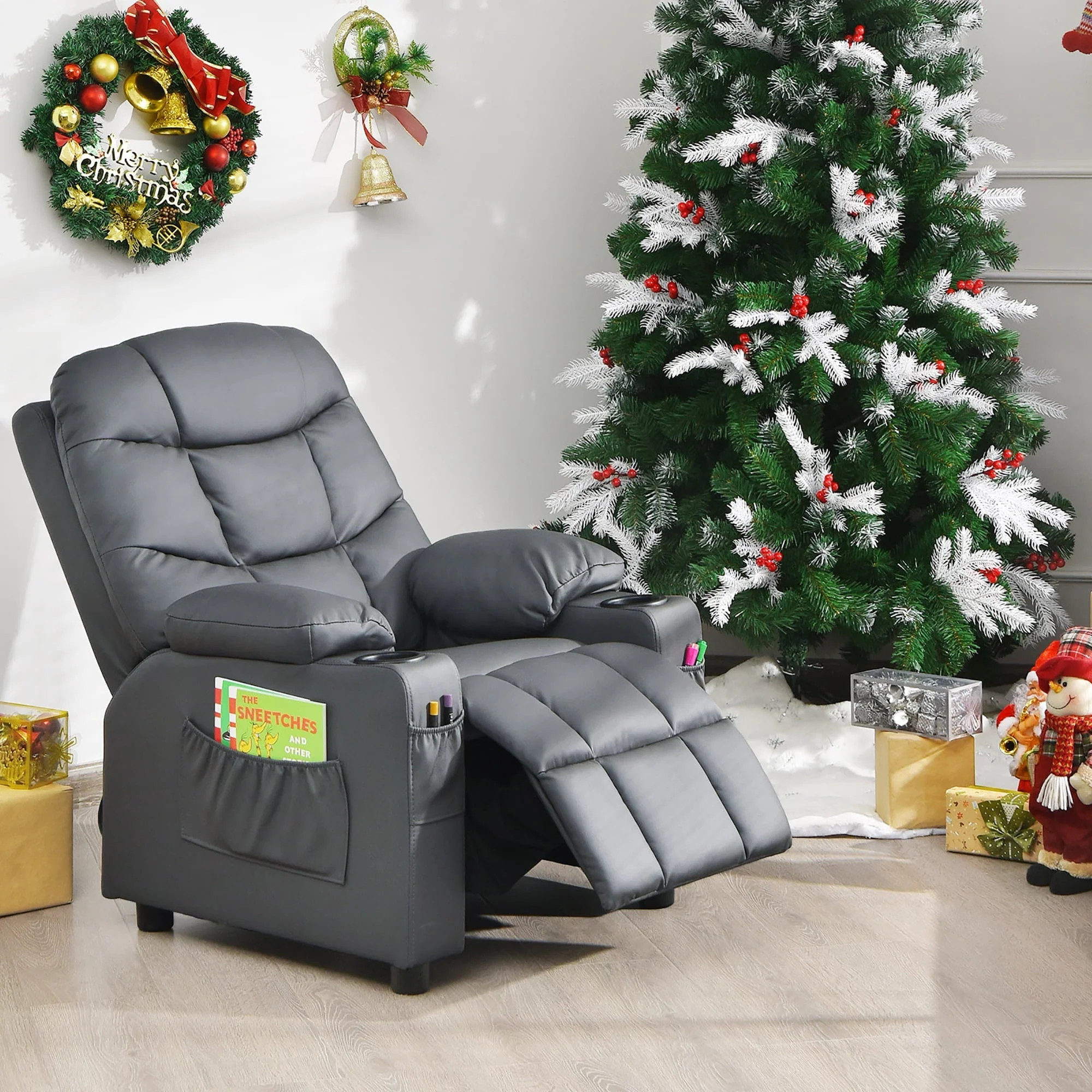 Costway Kids Youth Recliner Chair PU Leather w/Cup Holders & Side Pockets Grey - Image 3