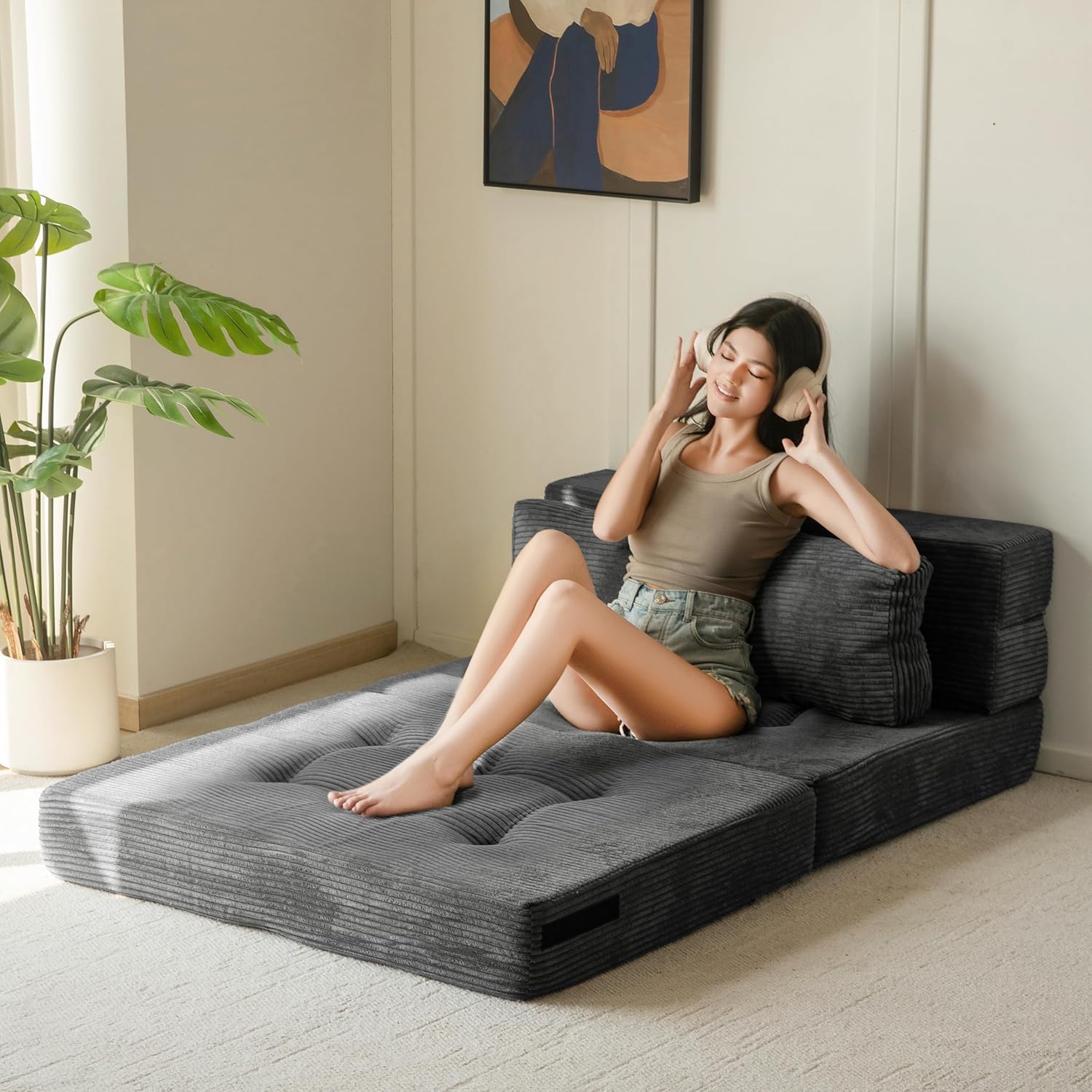 MAXYOYO Convertible Sofa Bed, Fold Out Loveseat Sleeper Sofa with Pillow, 4 in 1 Tufted Folding Couch Bed Foam Floor Couch, Lazy Chair for Living Room Bedroom Guest Room, Dark Grey