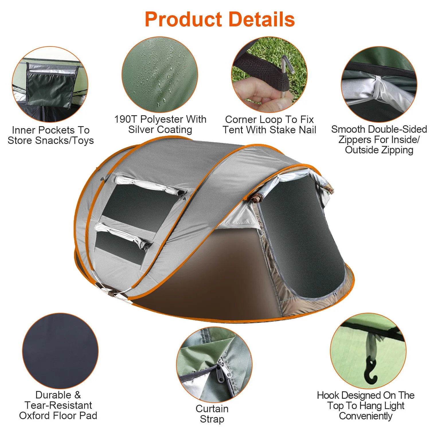 Tcbosik Easy Pop Up Tent for 5-8 Person, Automatic Setup Instant Family Tent with 2 Doors and 4 Mosquito Net Windows, Waterproof Camping Tent with Carry Bag for Hiking & Traveling, Khaki - Image 6