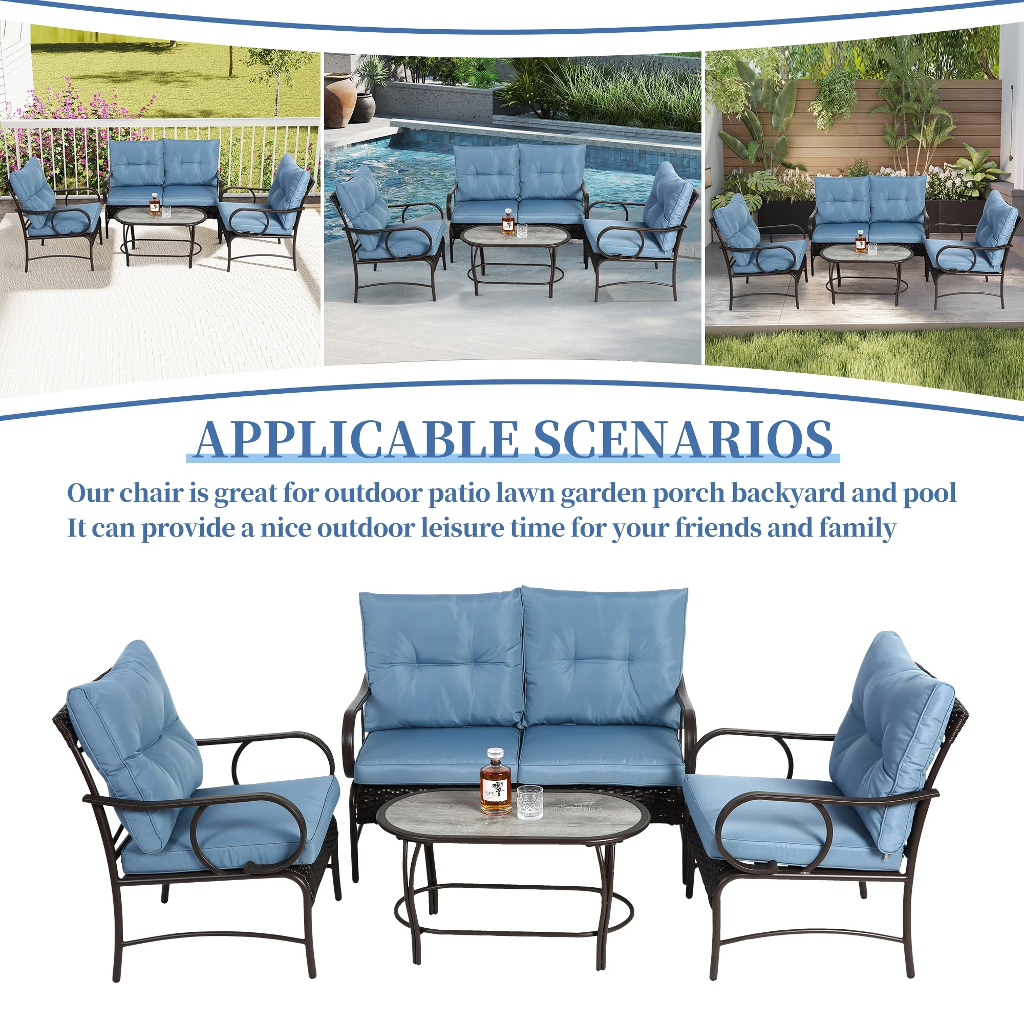 Patio Sofa Set, 4 Pieces Outdoor Sectional Furniture, All-Weather PE Rattan Wicker Patio Conversation Set, Cushioned Sofa Set with Coffee Table for Patio Garden Poolside Deck - Image 19