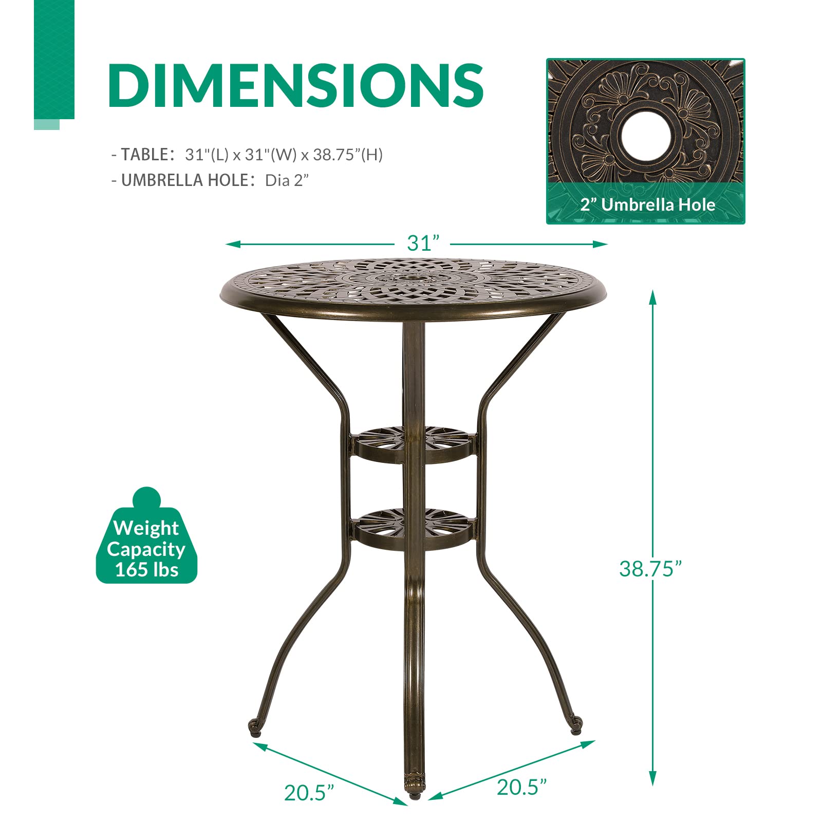 VIVIJASON 30.8" Round Cast Aluminum Patio Bar Table with Umbrella Hole, Antique Bronze - Image 6