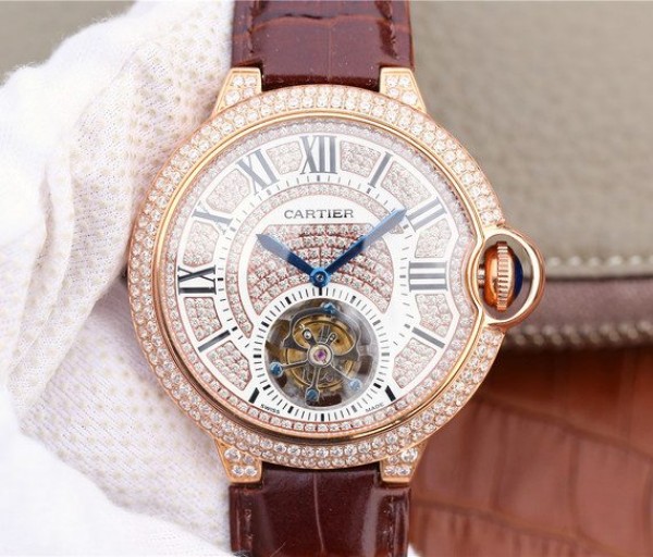 Replica Cartier Ballon Bleu de Cartier Tourbillon RG Full Paved Diamonds Leather Strap - Top club