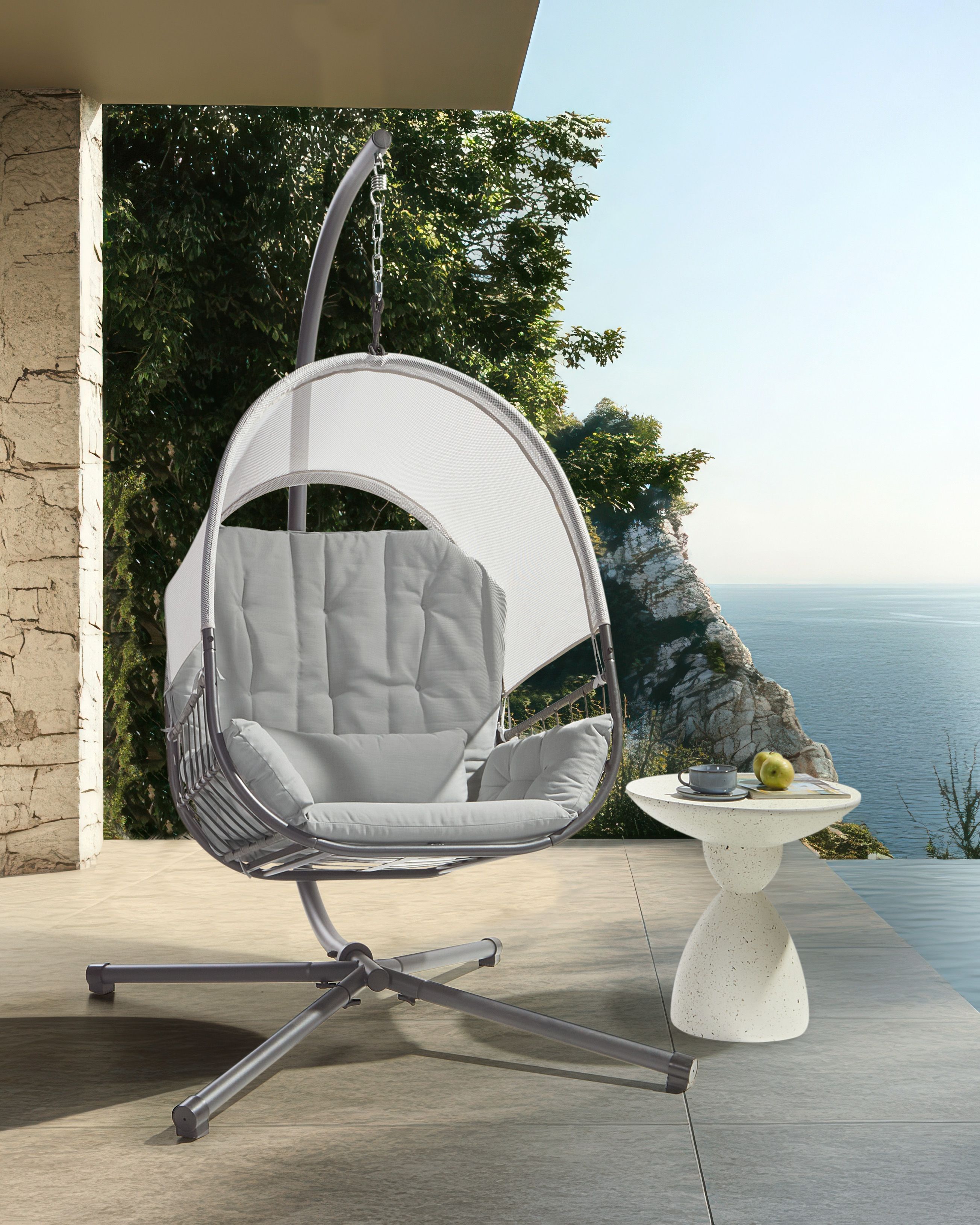 Hanging Chair with Stand ALVIANO Fabric Light Grey