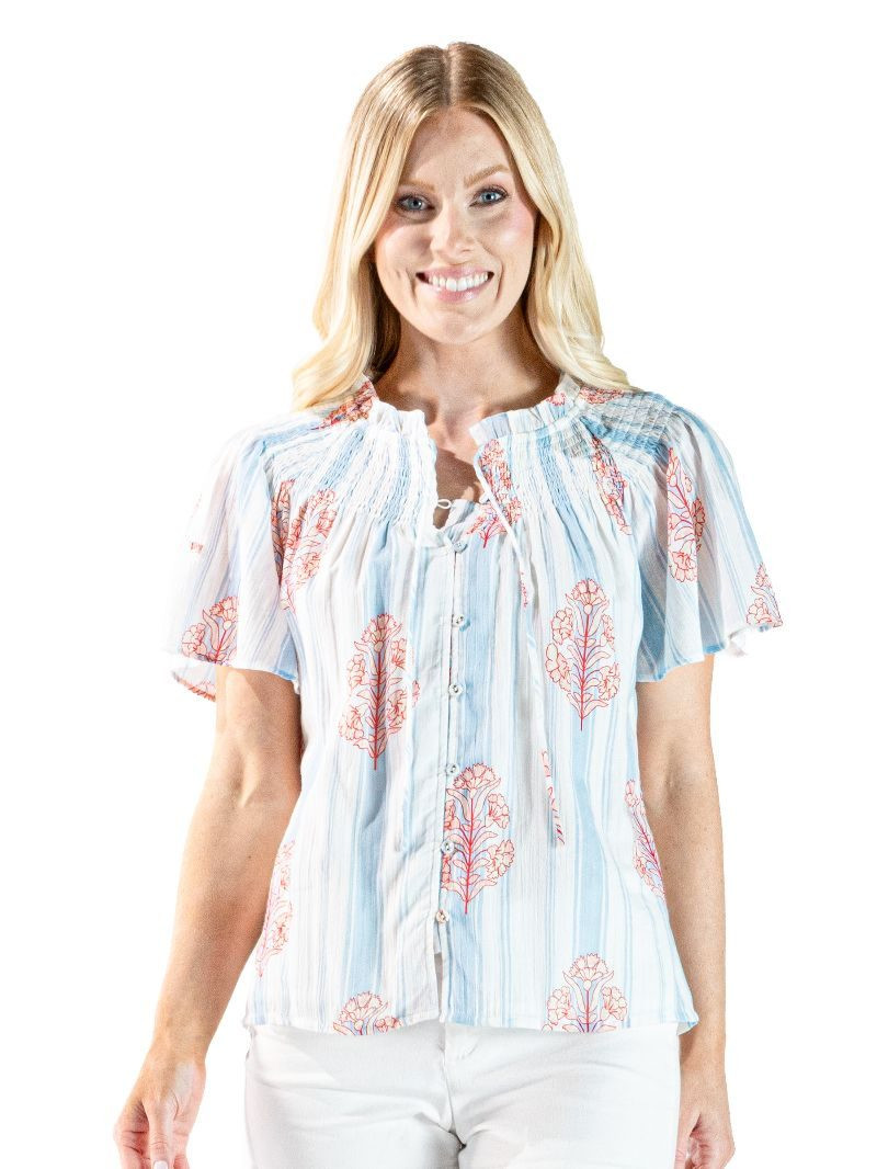 0126-TOP-SHIRD-FLRL-BLUE - Simply Southern Outlet