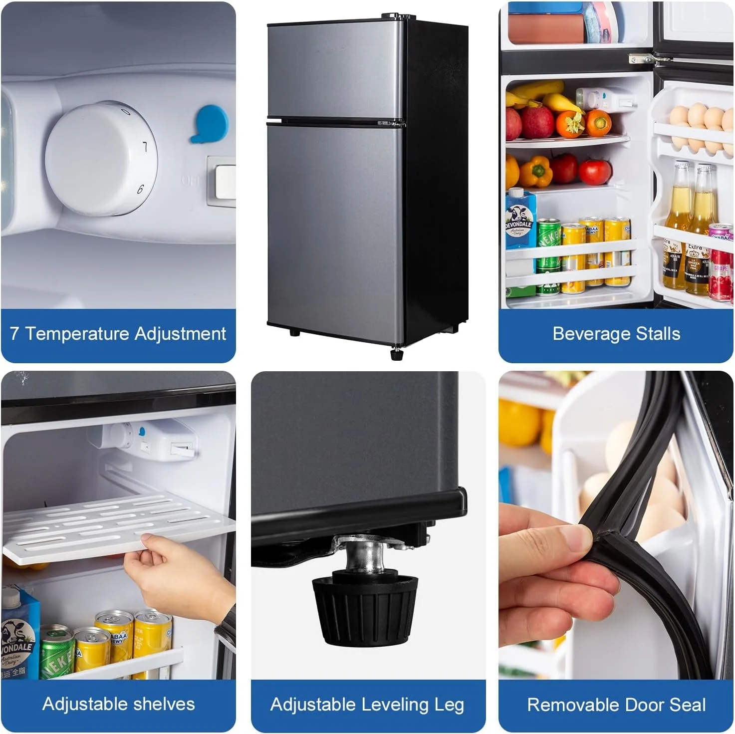 GGTB 2.5 Cu.Ft Compact Double Door Mini Fridge - Top Freezer & Bottom Refrigerator, 7-Level Precision Cooling | Ideal for Dorm, Bedroom, Office & Small Spaces - Image 5
