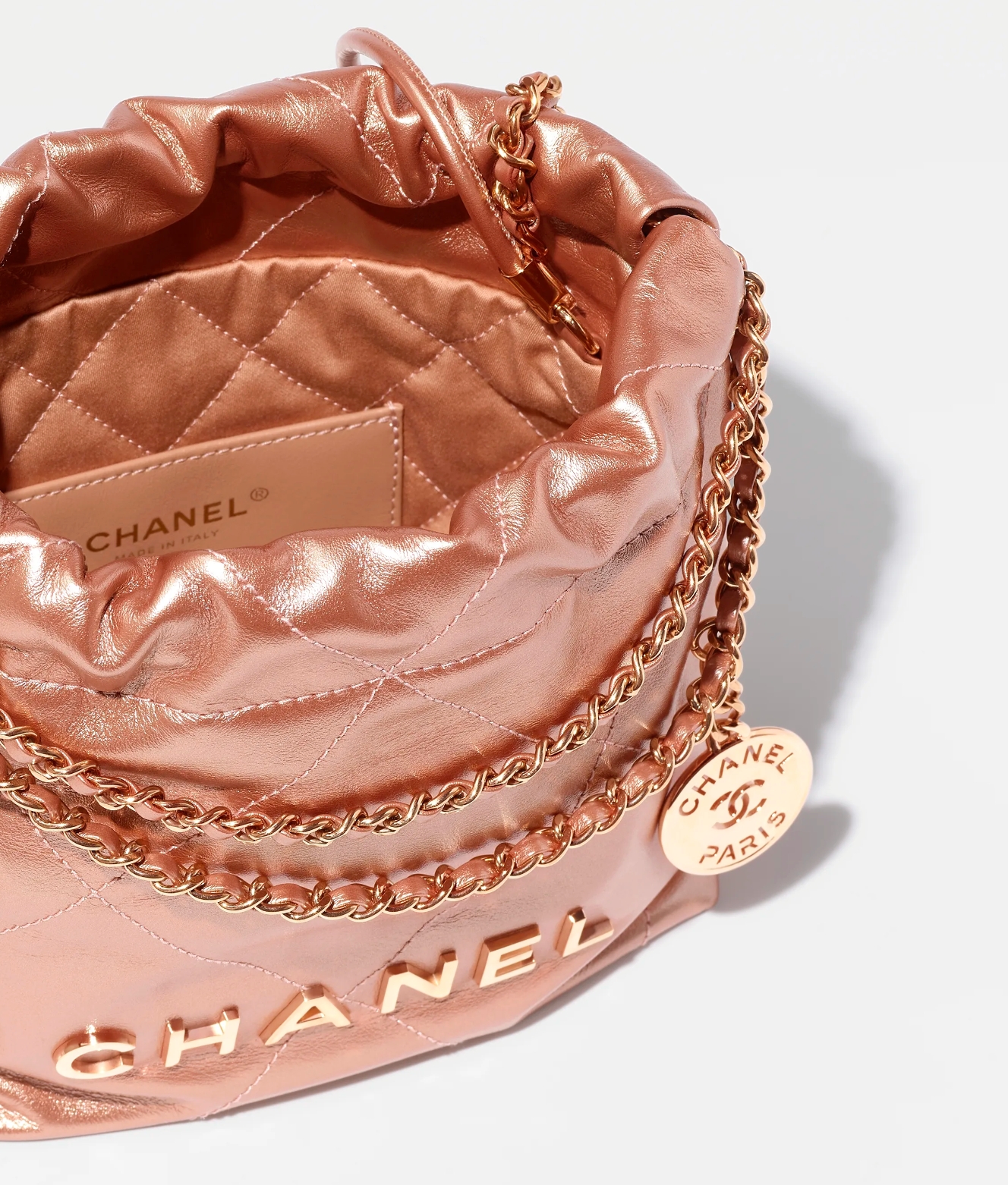CHANEL 22 MINI HANDBAG Metallic Calfskin & Pink Gold-Tone Metal Copper1:1High-quality replica