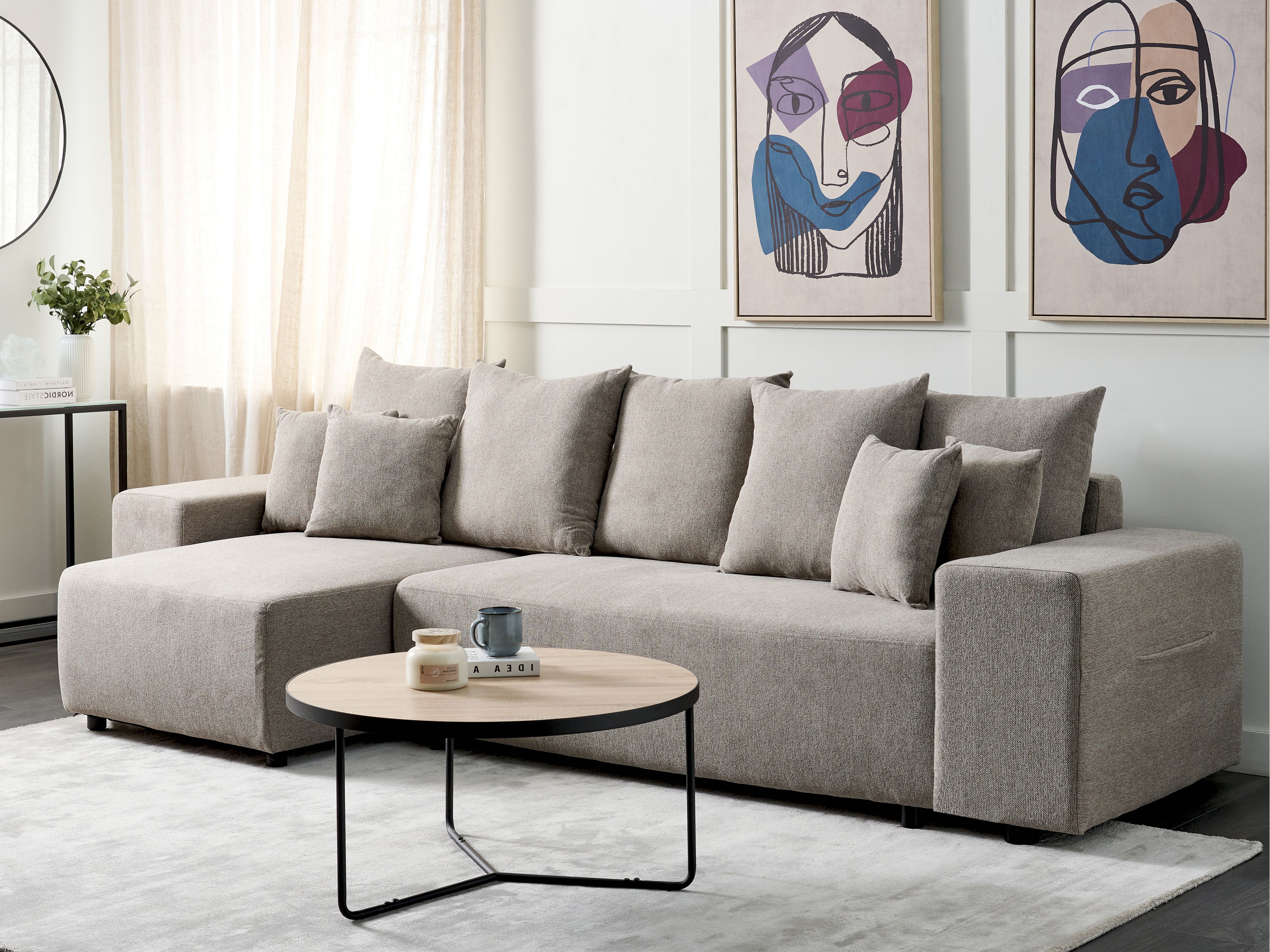 Corner Sofa Bed 3 Seater LUSPA Fabric Taupe with Storage Right Hand