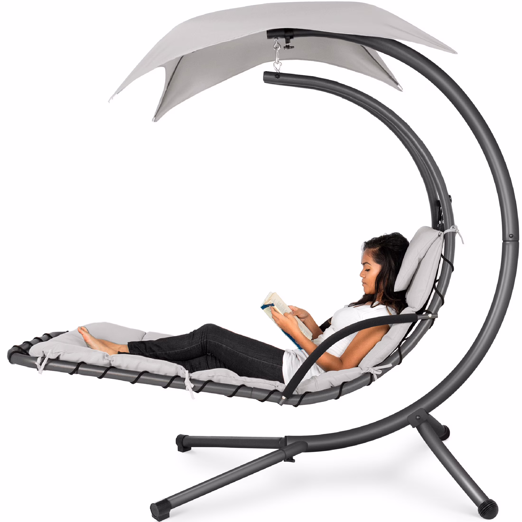 Best Choice Products Hanging Curved Chaise Lounge Chair Swing for Backyard, Patio w/ Pillow, Shade, Stand - Teal - Image 32