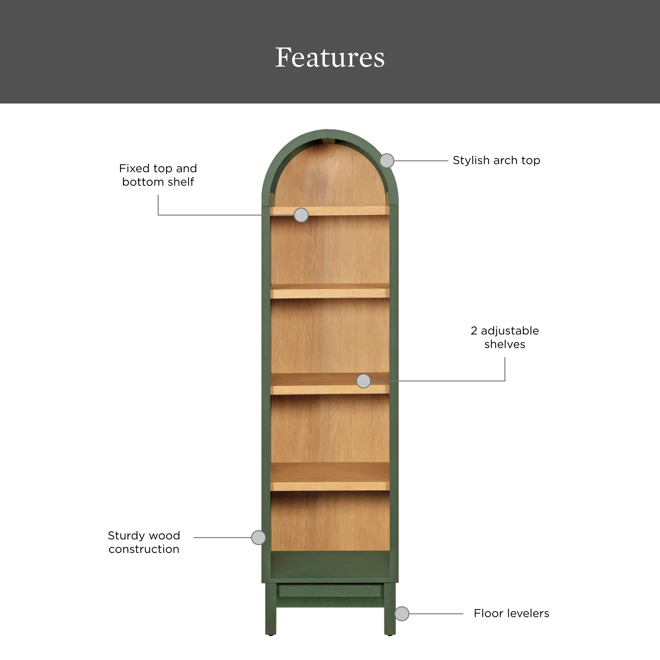 Better Homes & Gardens Juliet Narrow Arch Bookcase, Rich Black and Light Honey - Image 36