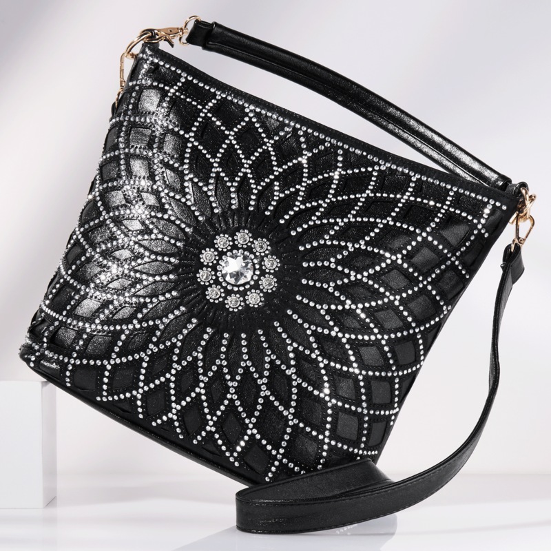 Chique Rhinestone-Embellished Bucket Bag with Zip Closure - MIDNIGHT VELVET CATALOG