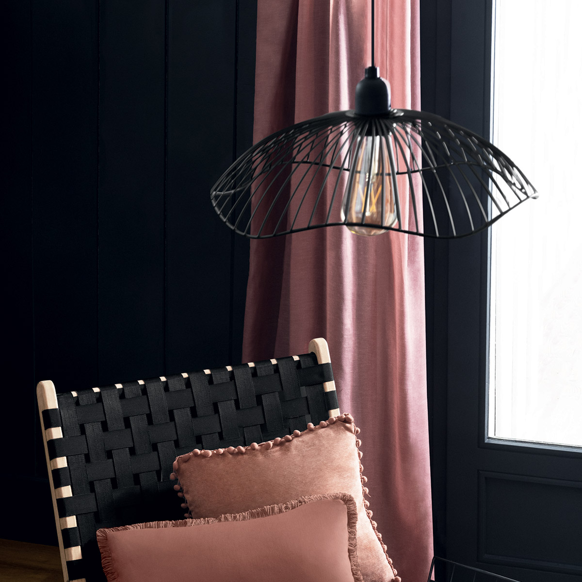 Wire suspension lamp "Galt" Black metal, D.34 cm