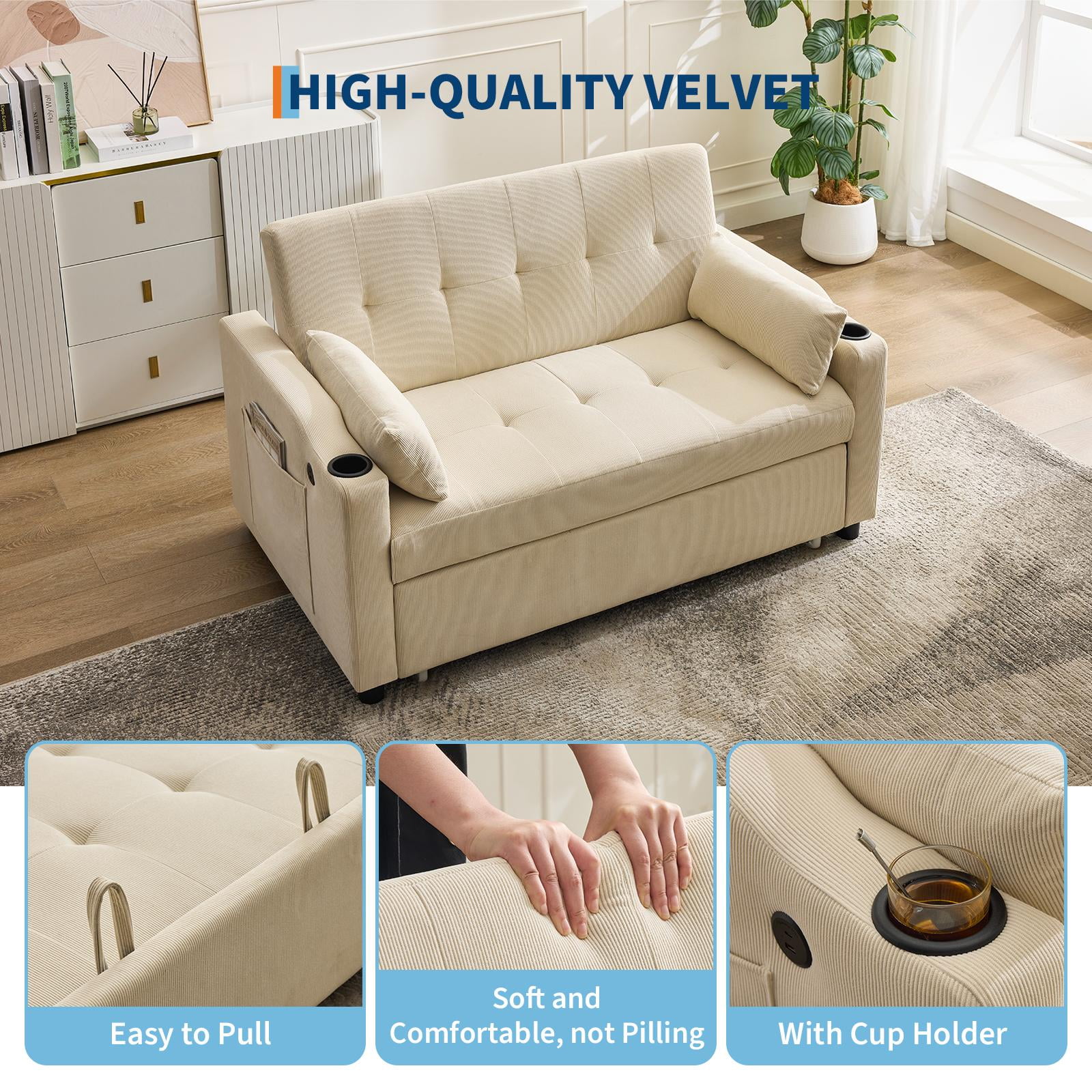 Beige 3-in-1 Convertible Sleeper Sofa Bed with Pull-Out Bed Corduroy Futon with Adjustable Backrest - Image 5